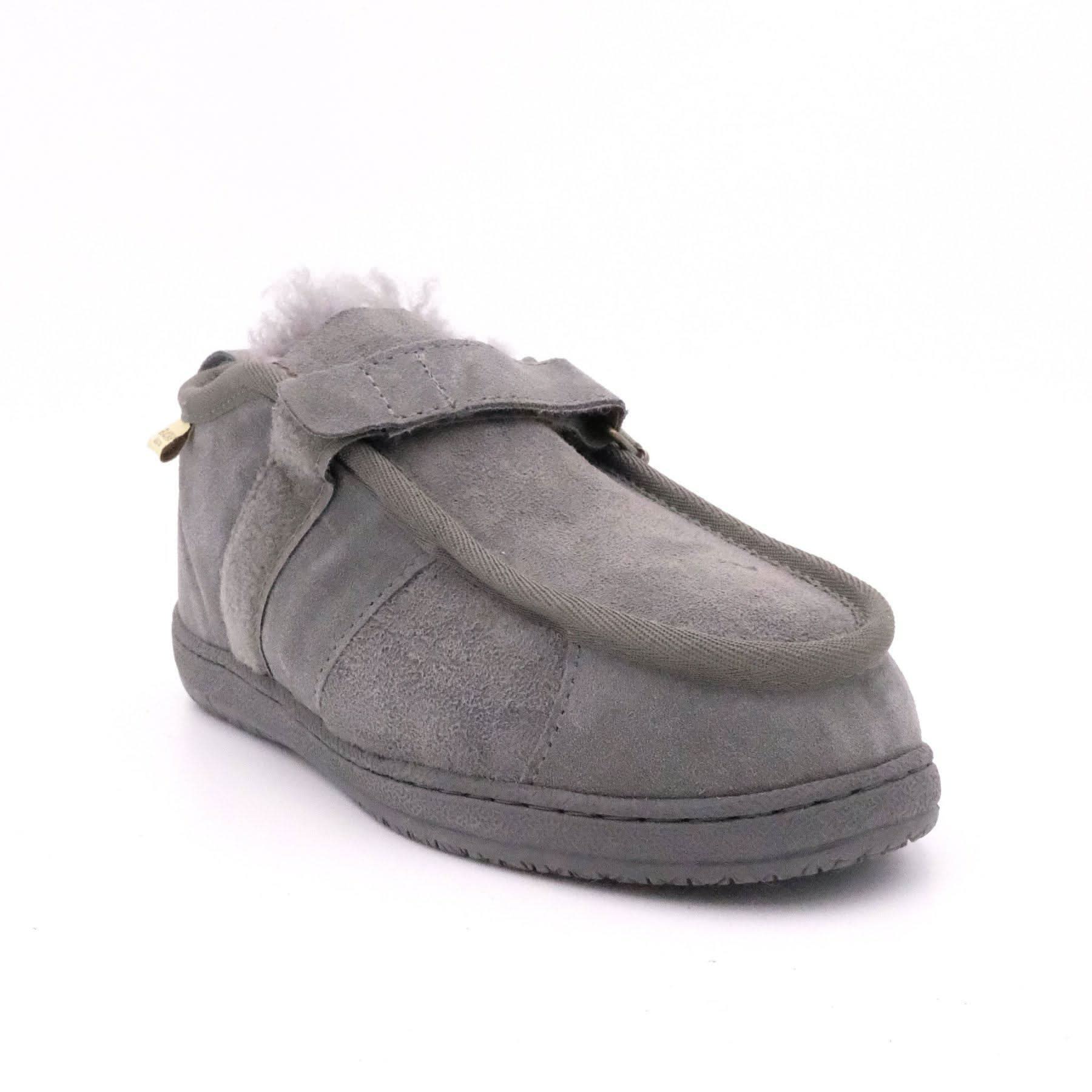 Grey sheepskin moccasin slipper boot with fluffy wool lining, side view. - Yellow Earth Australia