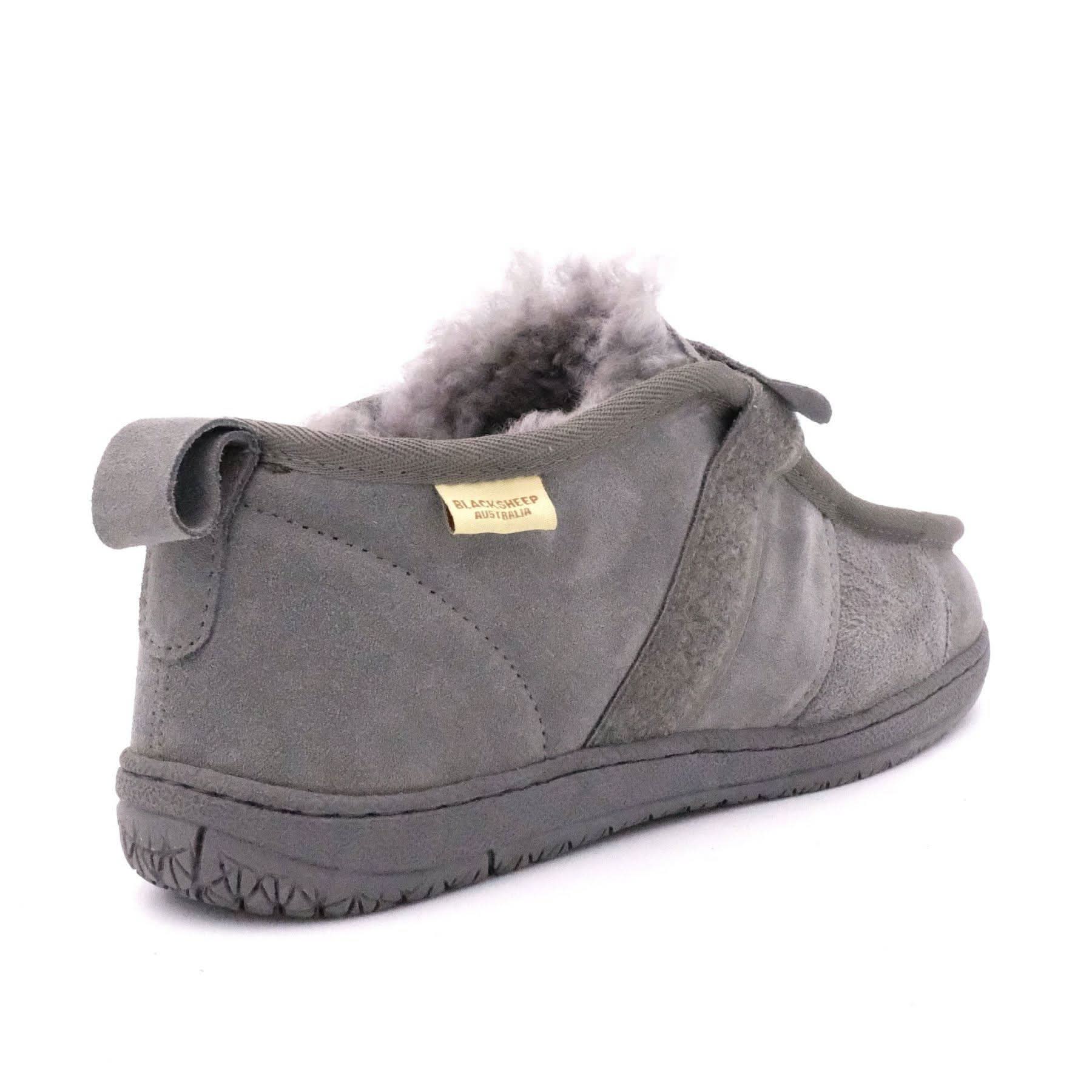 Grey suede sheepskin ankle boot with fluffy wool lining, rear view. - Yellow Earth Australia