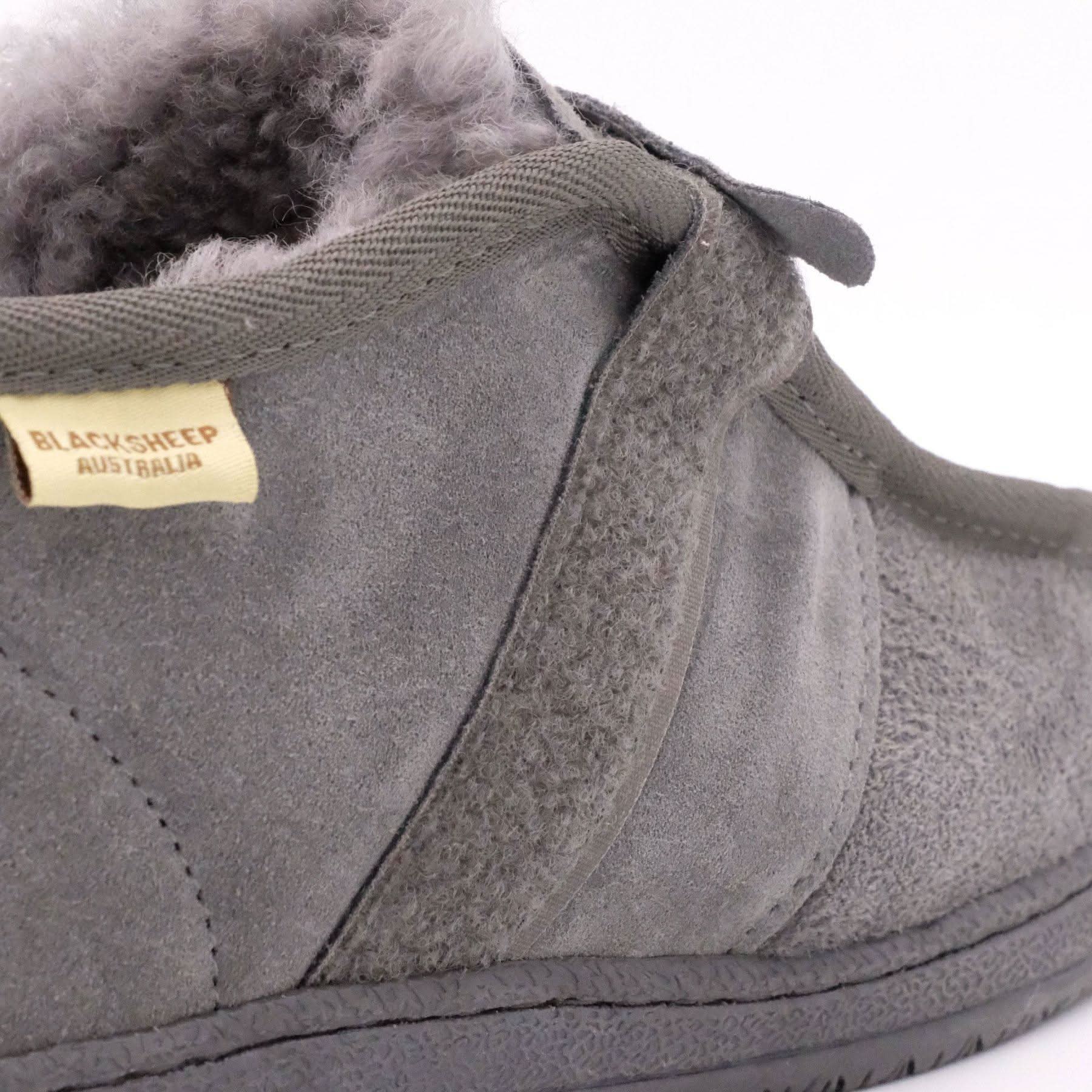 Gray sheepskin boot with soft wool lining, side view detail. - Yellow Earth Australia