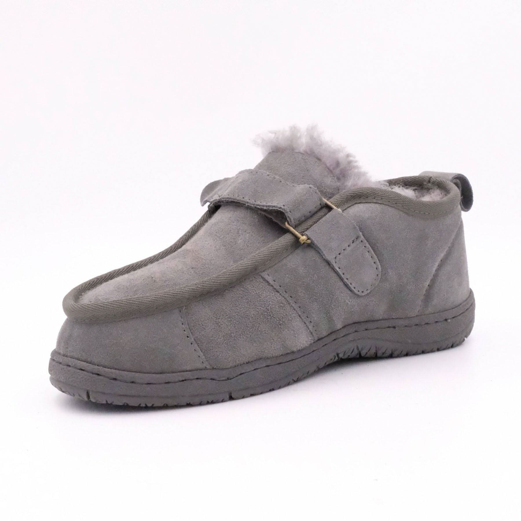 Grey suede sheepskin boot with fluffy wool lining, side view. - Yellow Earth Australia