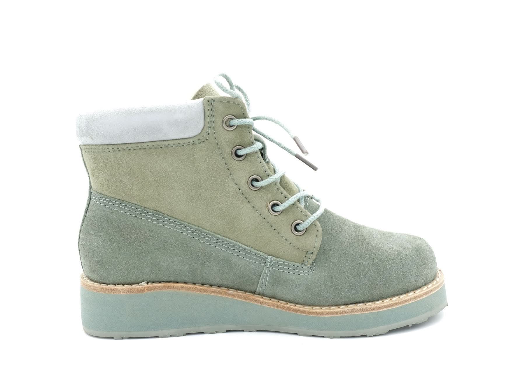 Sage green suede lace-up boot with sheepskin collar, side view. - Yellow Earth Australia