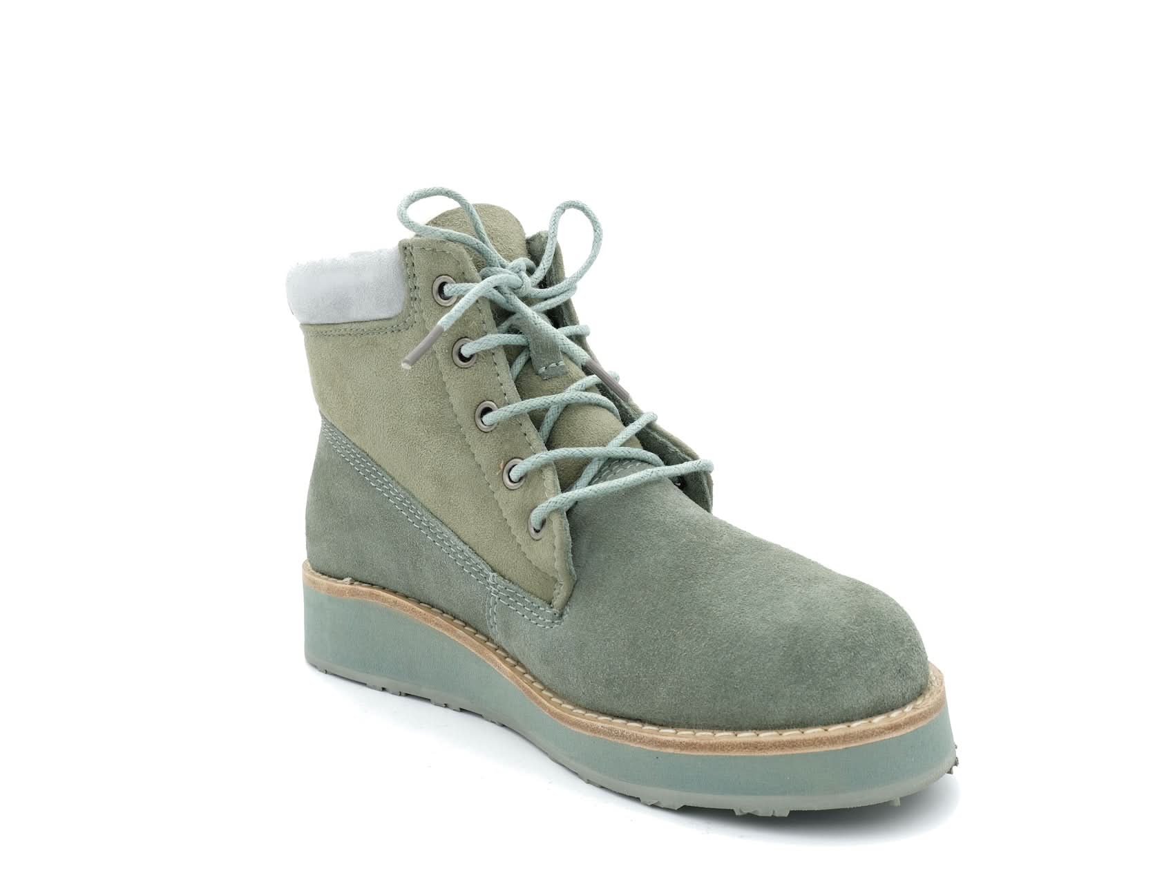 Sage green suede lace-up ankle boot with sheepskin lining and platform sole, side view. - Yellow Earth Australia