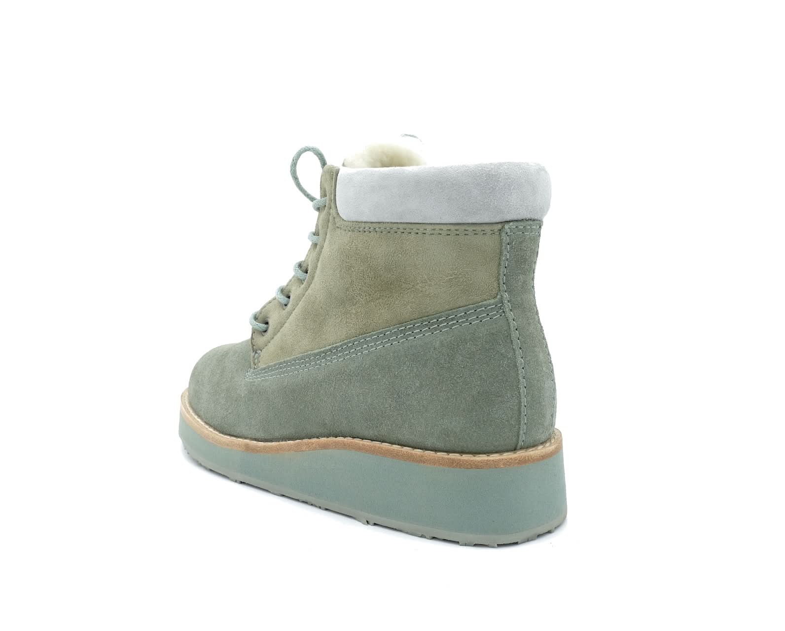 Sage green sheepskin lace-up boot with wool lining, rear three-quarter view. - Yellow Earth Australia