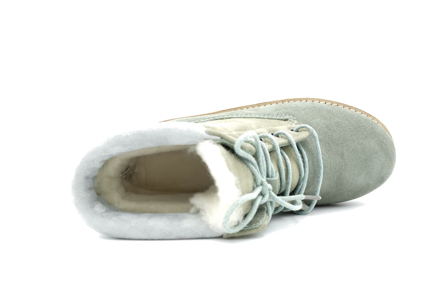 Pale green suede sheepskin boot with cream wool lining, top-down view. - Yellow Earth Australia