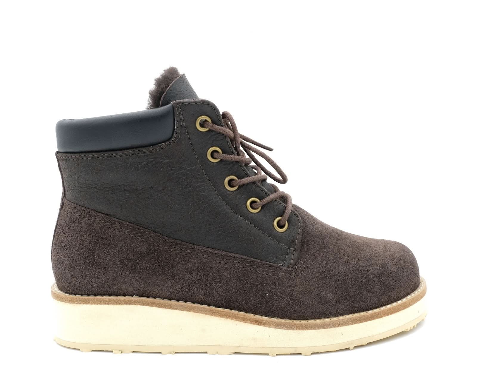 Charcoal suede and leather lace-up boot with cream crepe sole, side view. - Yellow Earth Australia
