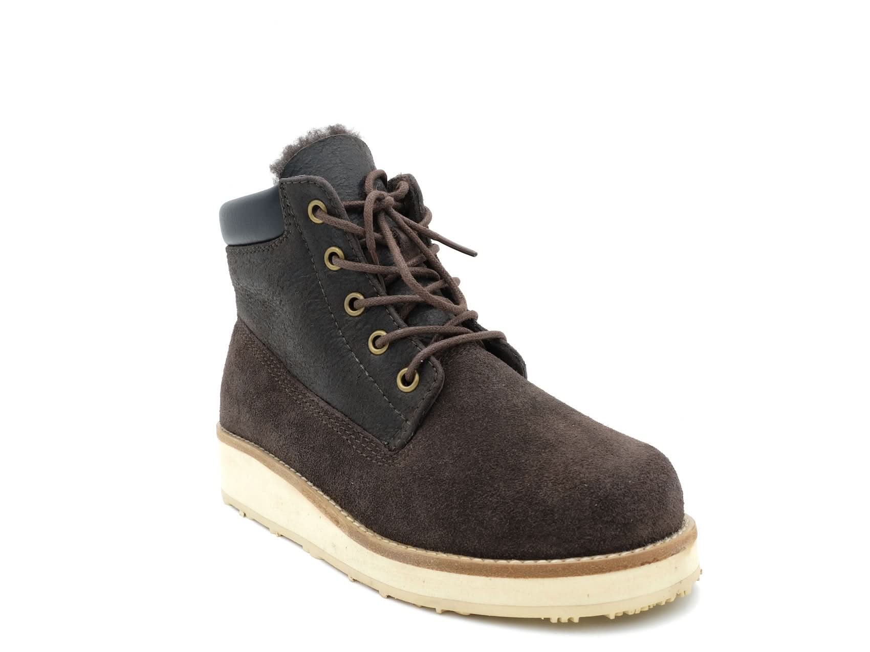 Charcoal and brown sheepskin lace-up boot with cream sole, side view. - Yellow Earth Australia