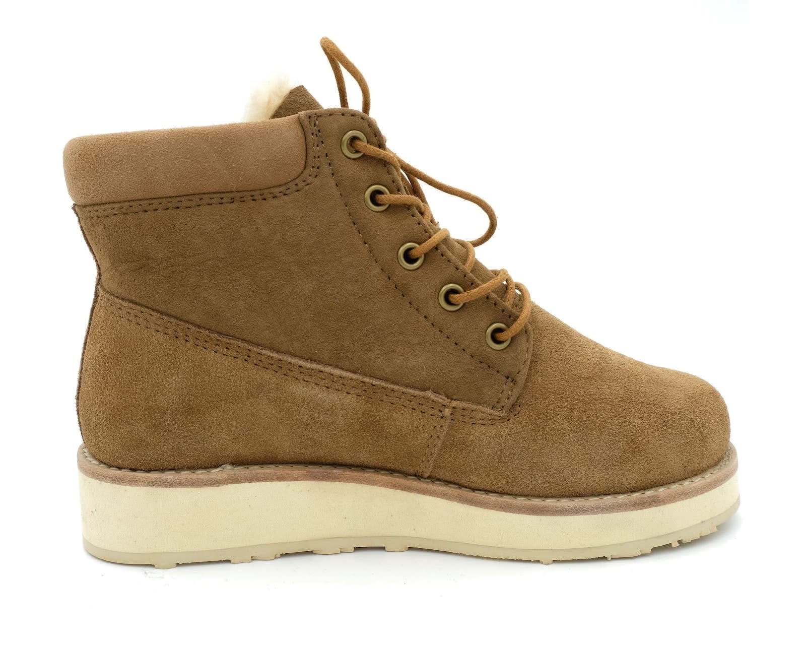 Camel suede lace-up boot with crepe sole and sheepskin collar, side view. - Yellow Earth Australia