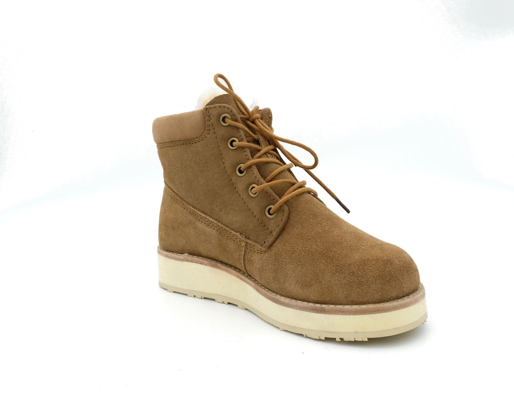 Tan suede lace-up ankle boot with cream sheepskin sole, side view. - Yellow Earth Australia