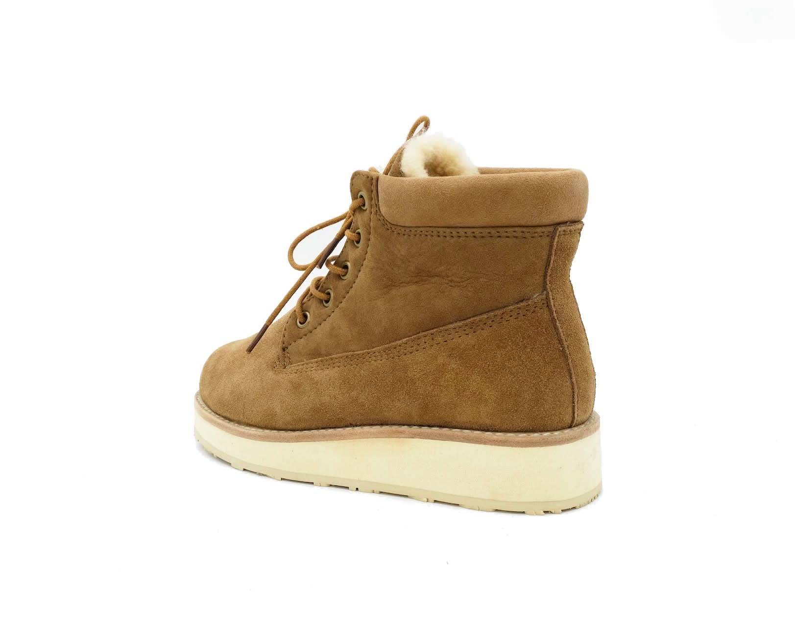 Tan suede lace-up boot with sheepskin lining, back angle view. - Yellow Earth Australia