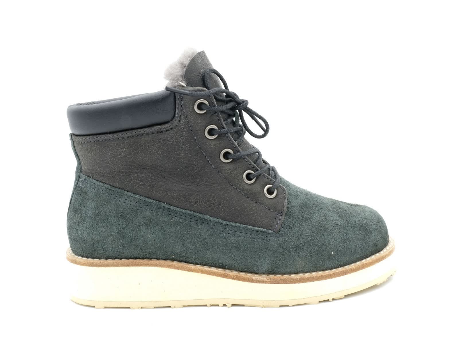 Grey and black sheepskin lace-up boot with fleece lining, side view. - Yellow Earth Australia