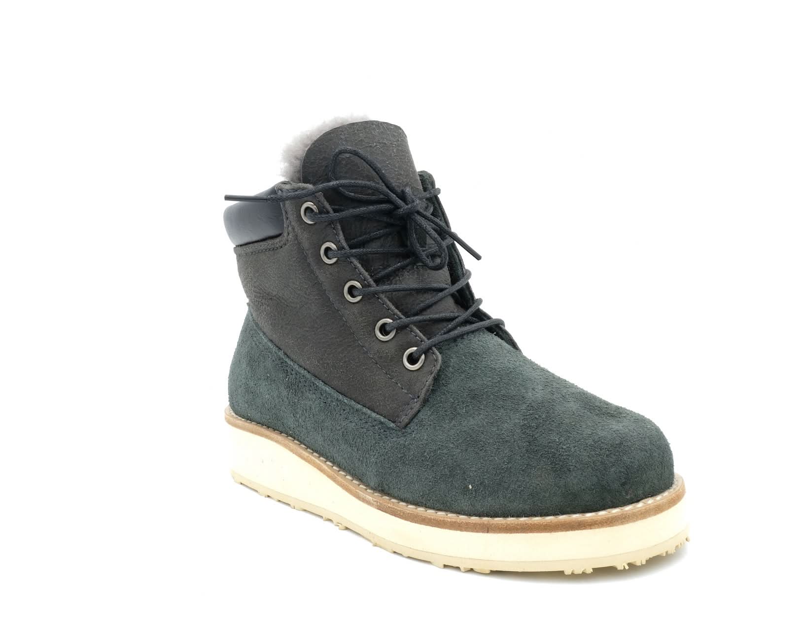 Grey sheepskin lace-up ankle boot with cream sole, side view. - Yellow Earth Australia
