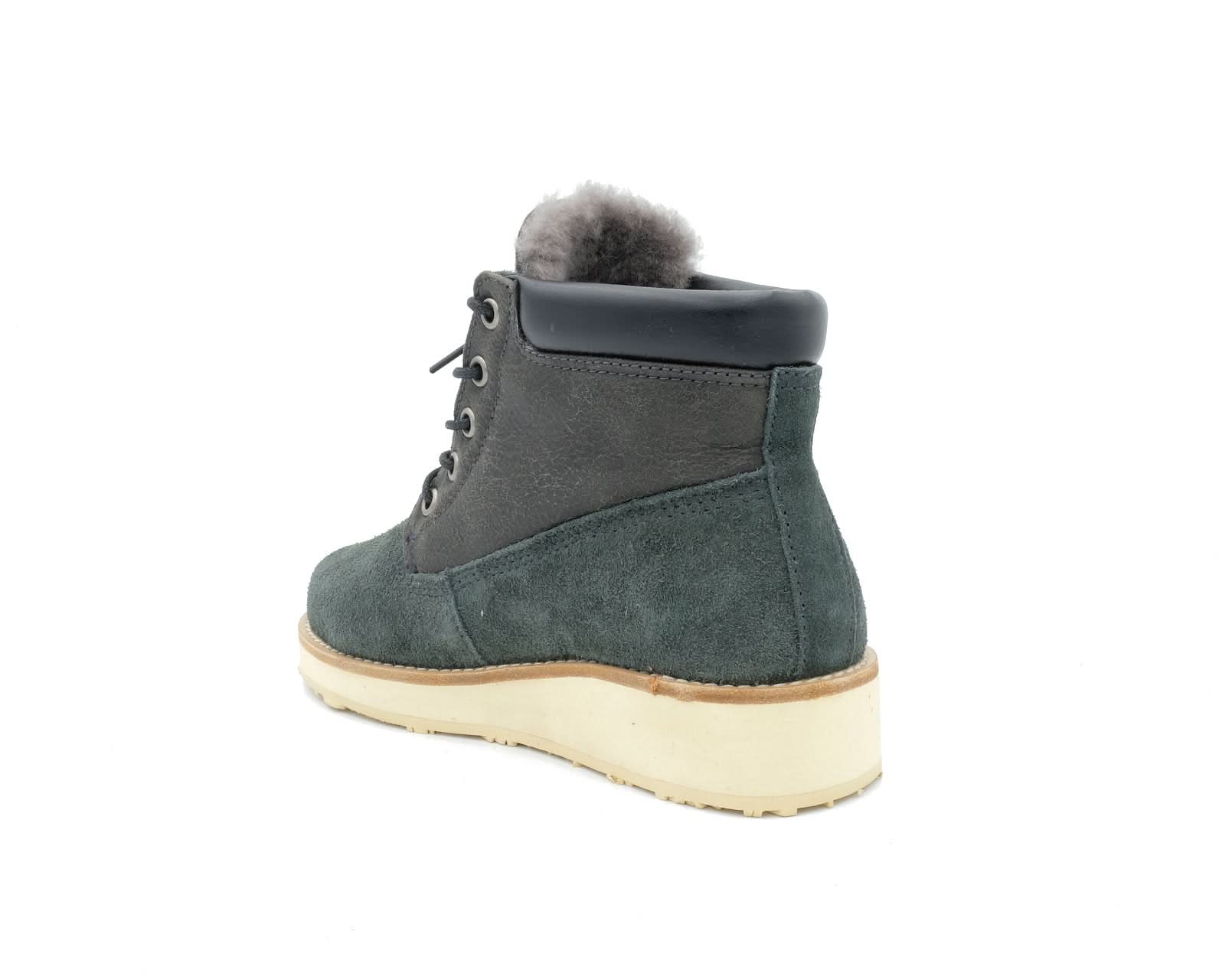 Grey suede and sheepskin lace-up boot with cream sole, back view. - Yellow Earth Australia