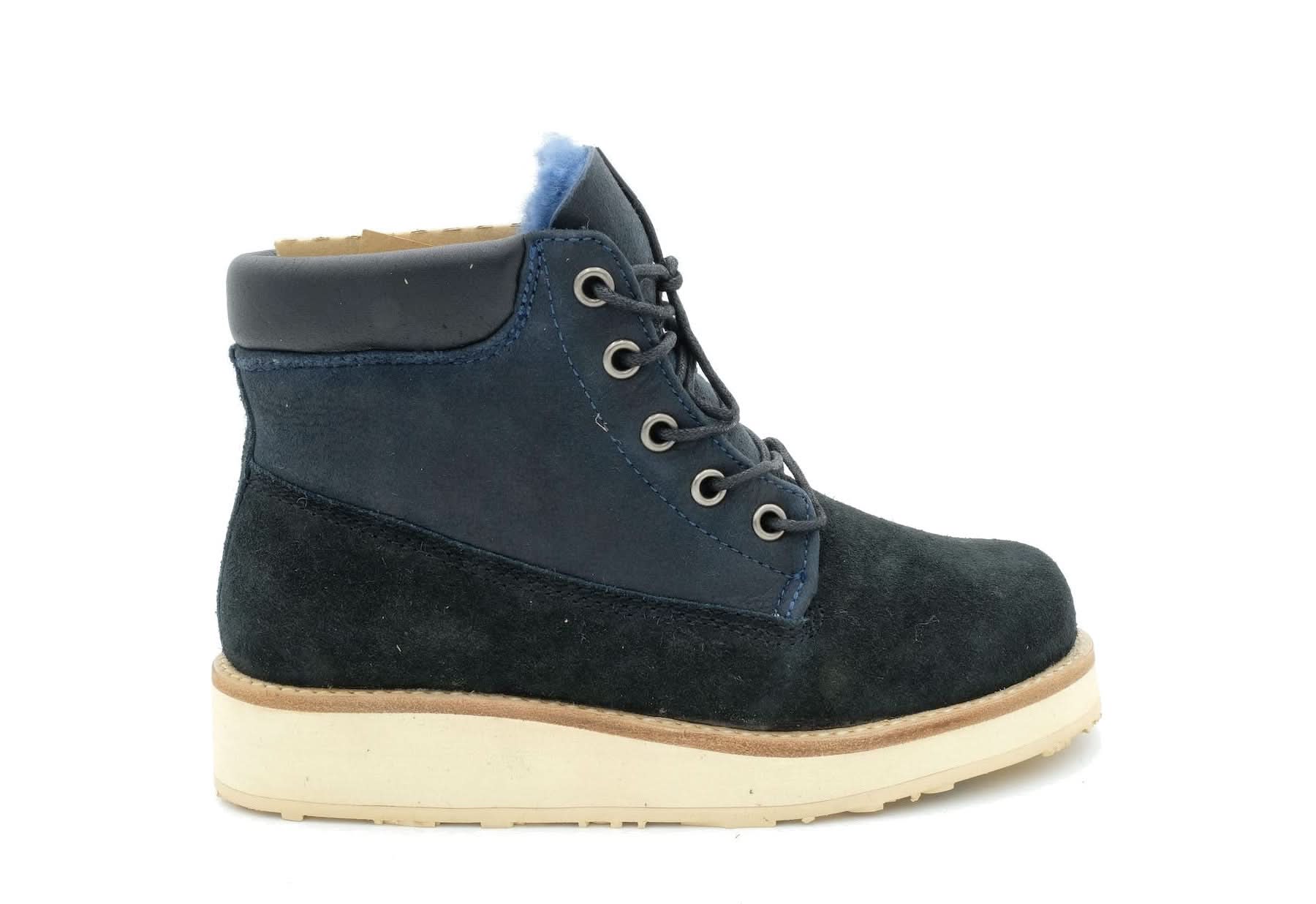 Navy and black suede sheepskin lace-up boot with cream sole, side view. - Yellow Earth Australia