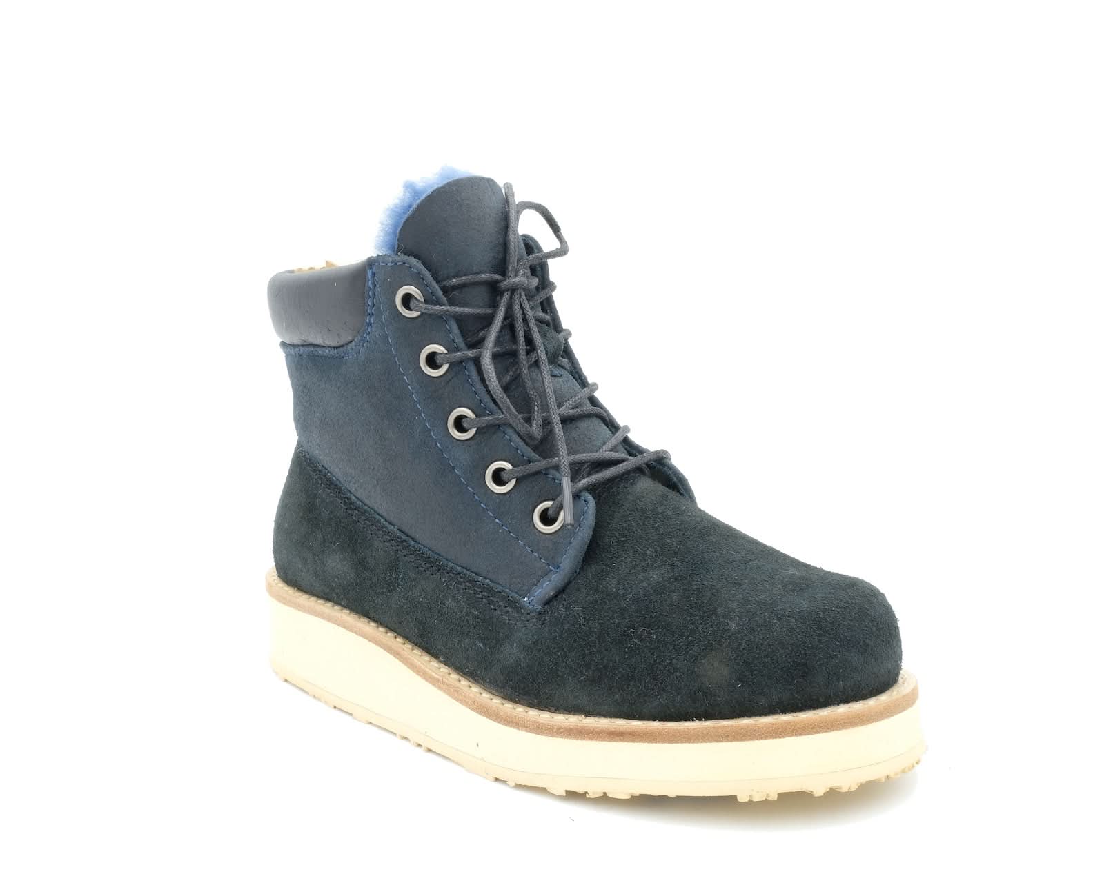 Navy blue sheepskin lace-up boot with cream sole, side view. - Yellow Earth Australia