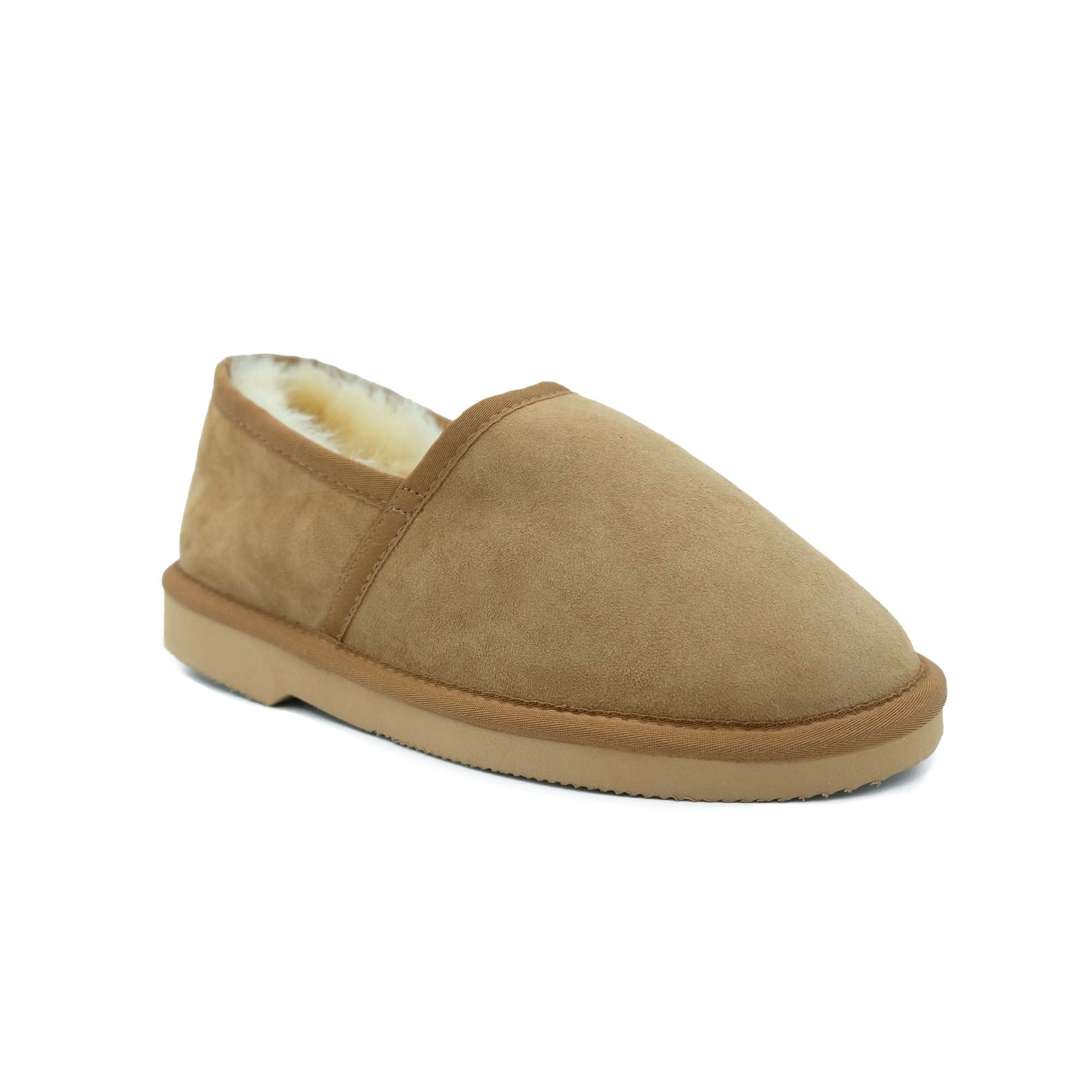Tan suede sheepskin slipper with wool lining, angled side view. - Yellow Earth Australia