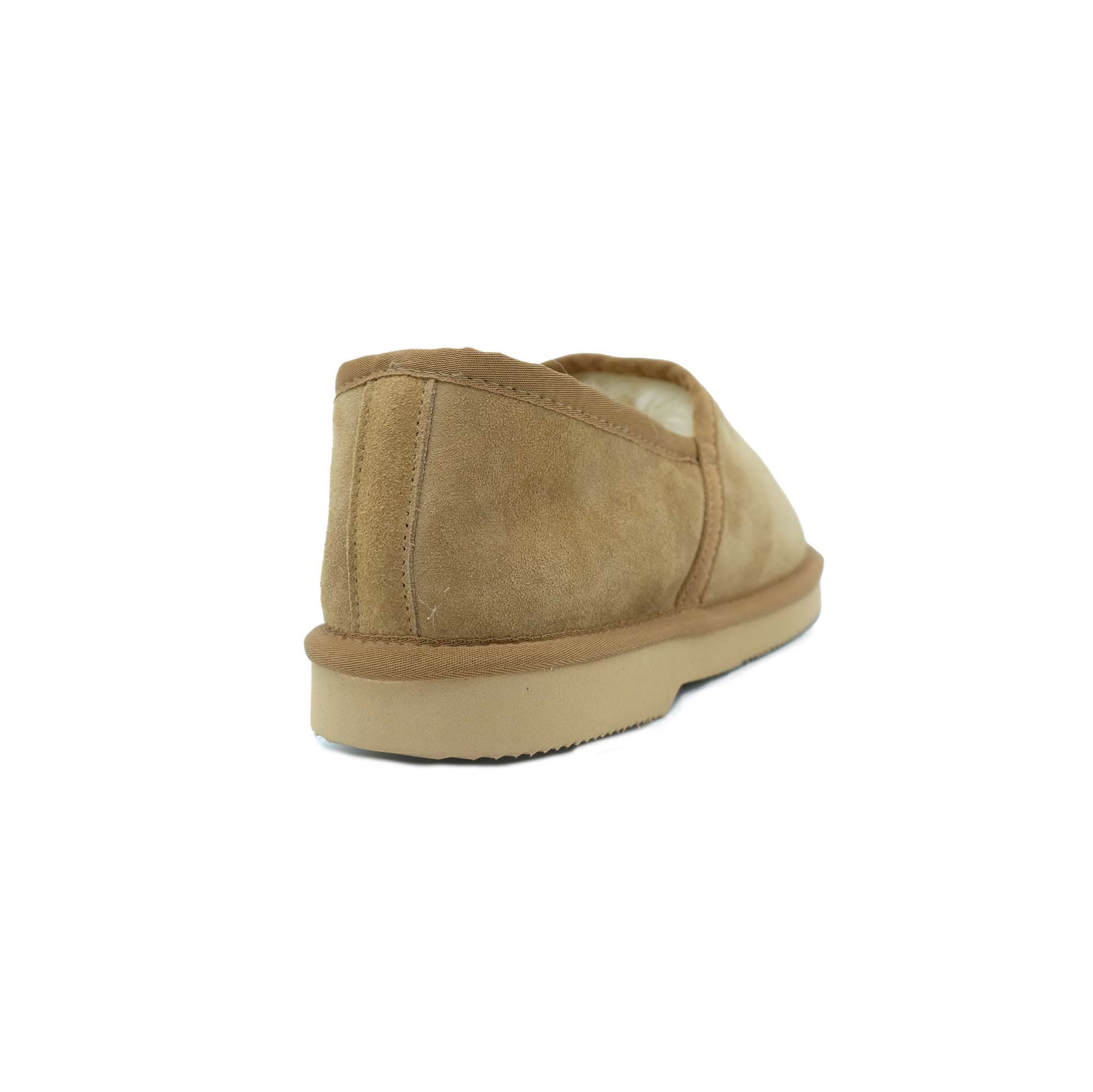 Beige suede sheepskin boot shown from rear angle with wool lining visible. - Yellow Earth Australia