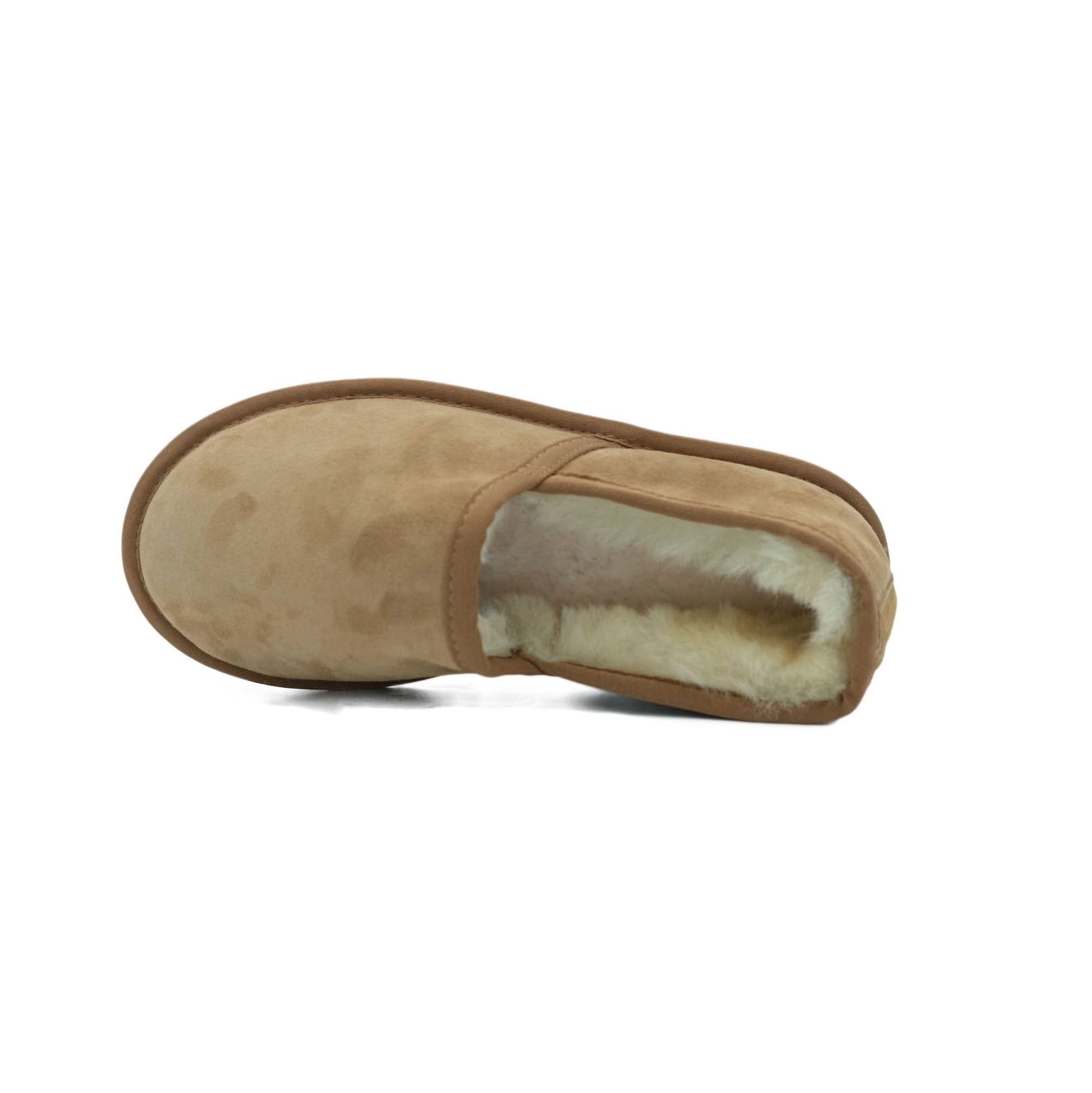 Tan suede sheepskin slipper boot with wool lining, top view. - Yellow Earth Australia