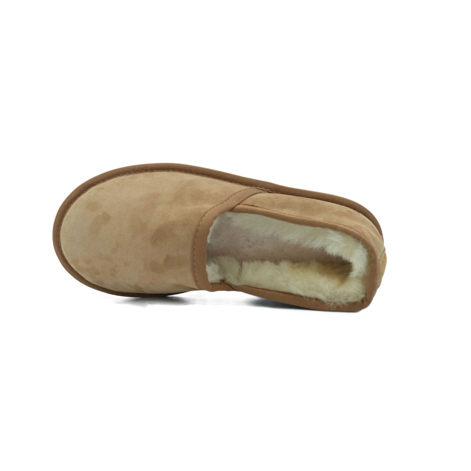 Tan suede sheepskin slipper boot with wool lining, top view. - Yellow Earth Australia