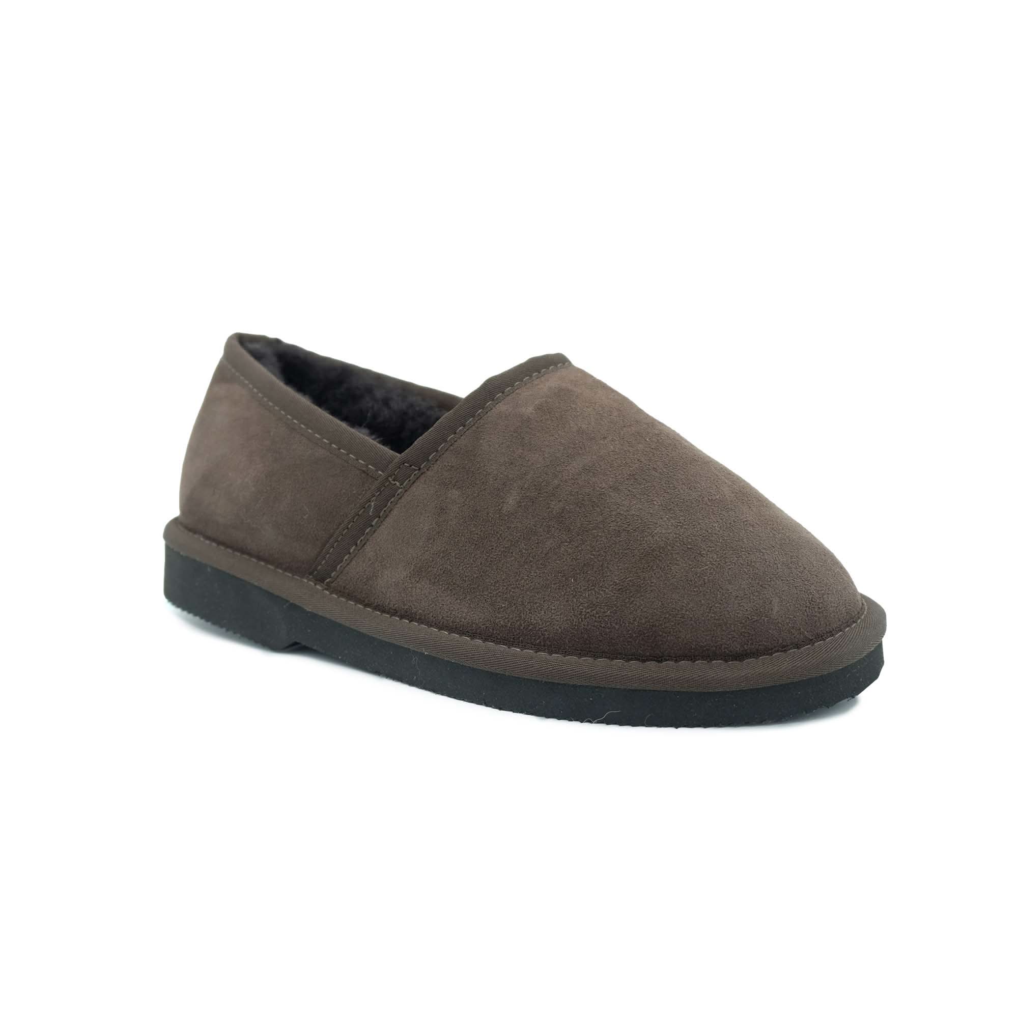Grey suede sheepskin slipper with dark sole, side view. - Yellow Earth Australia