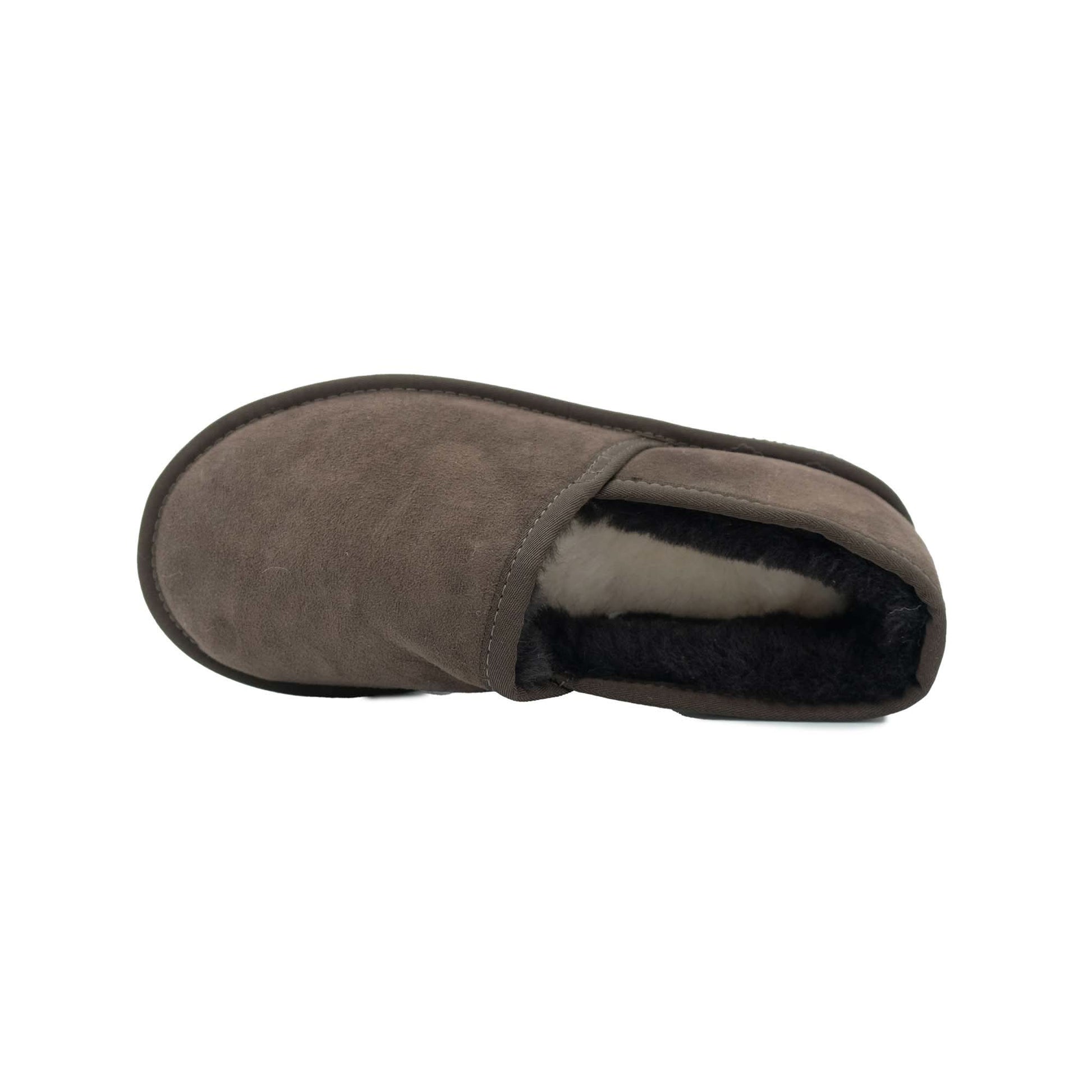 Grey suede sheepskin slipper boot with dark wool lining, top view. - Yellow Earth Australia