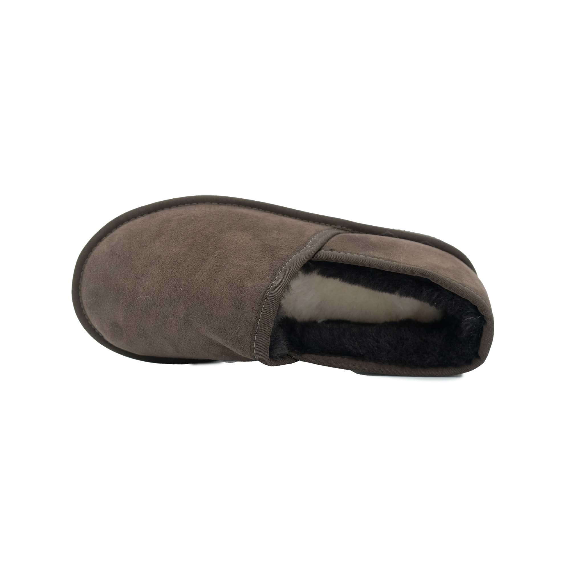 Grey suede sheepskin slipper boot with dark wool lining, top view. - Yellow Earth Australia