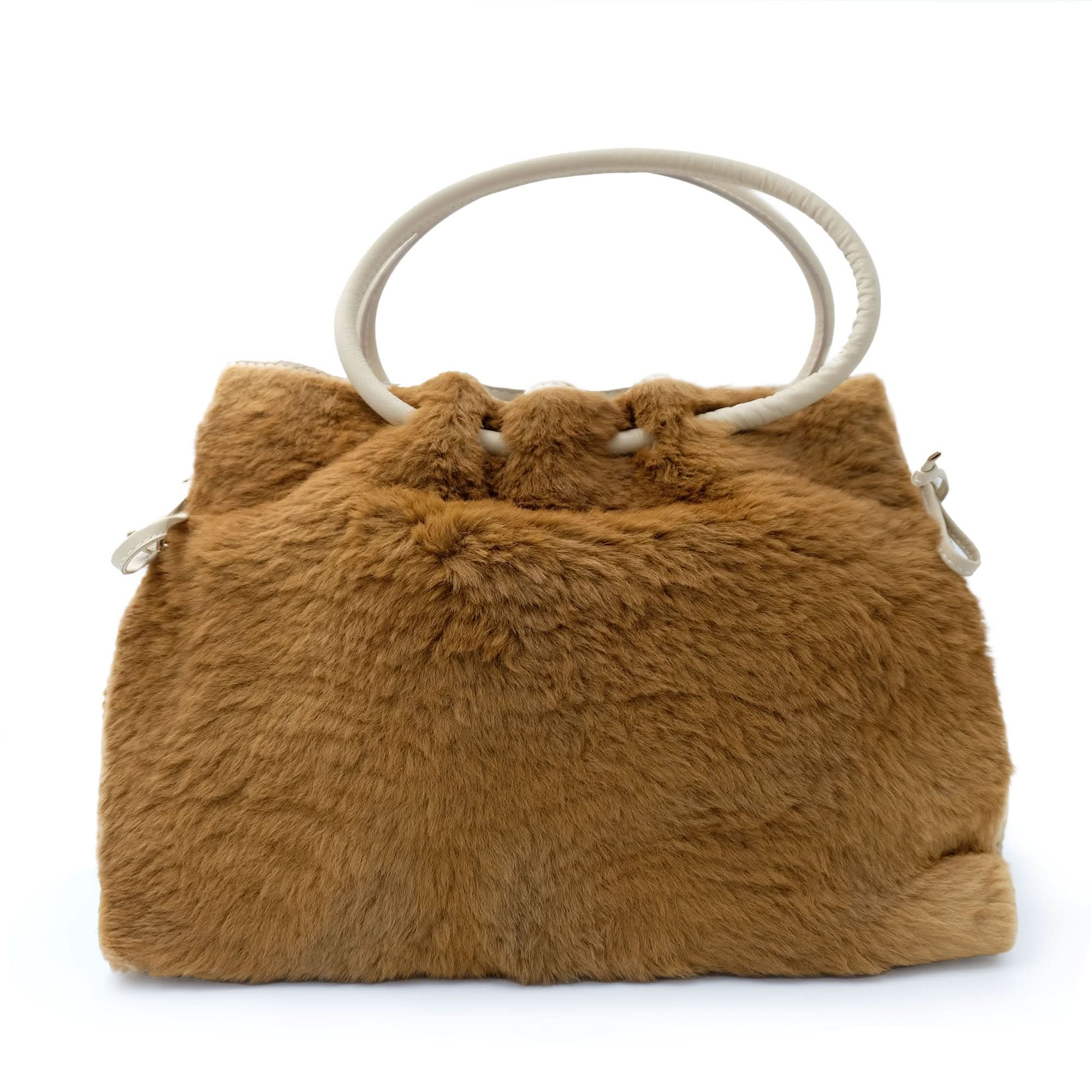 Caramel fluffy sheepskin handbag with cream handles, front view. - Yellow Earth Australia