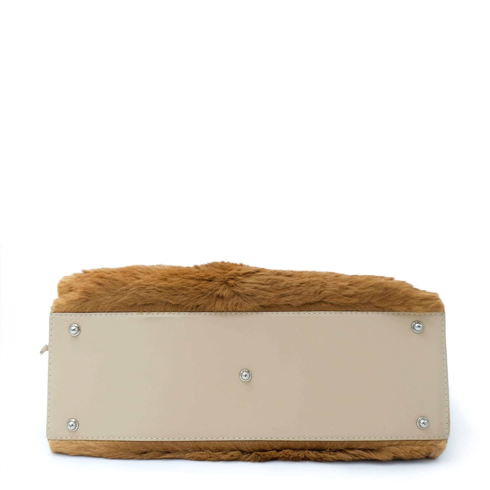 Caramel sheepskin clutch with cream leather trim, bottom view. - Yellow Earth Australia