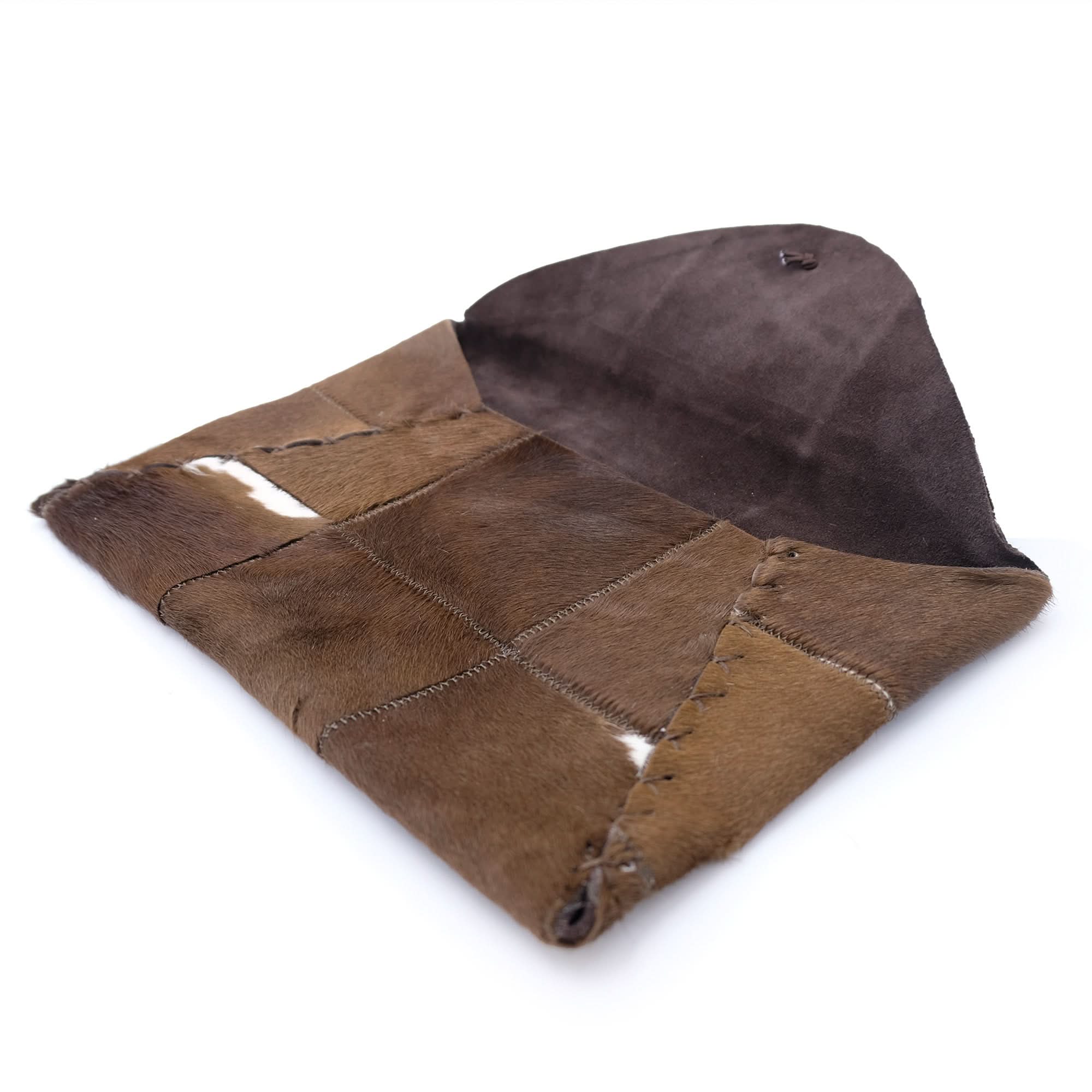 Patchwork sheepskin clutch wallet in brown tones with dark suede lining, open view. - Yellow Earth Australia