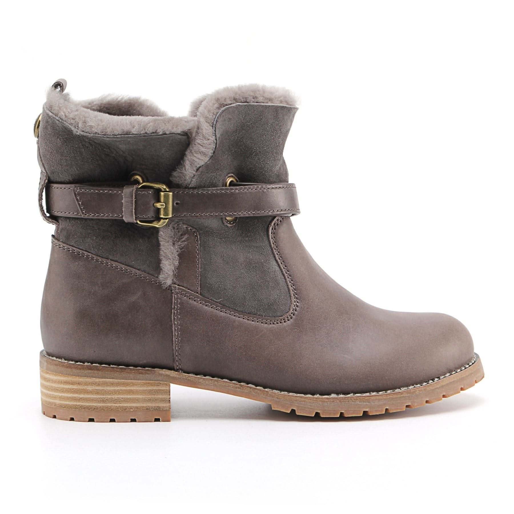 Grey suede sheepskin-lined ankle boot with buckle strap, side view. - Yellow Earth Australia
