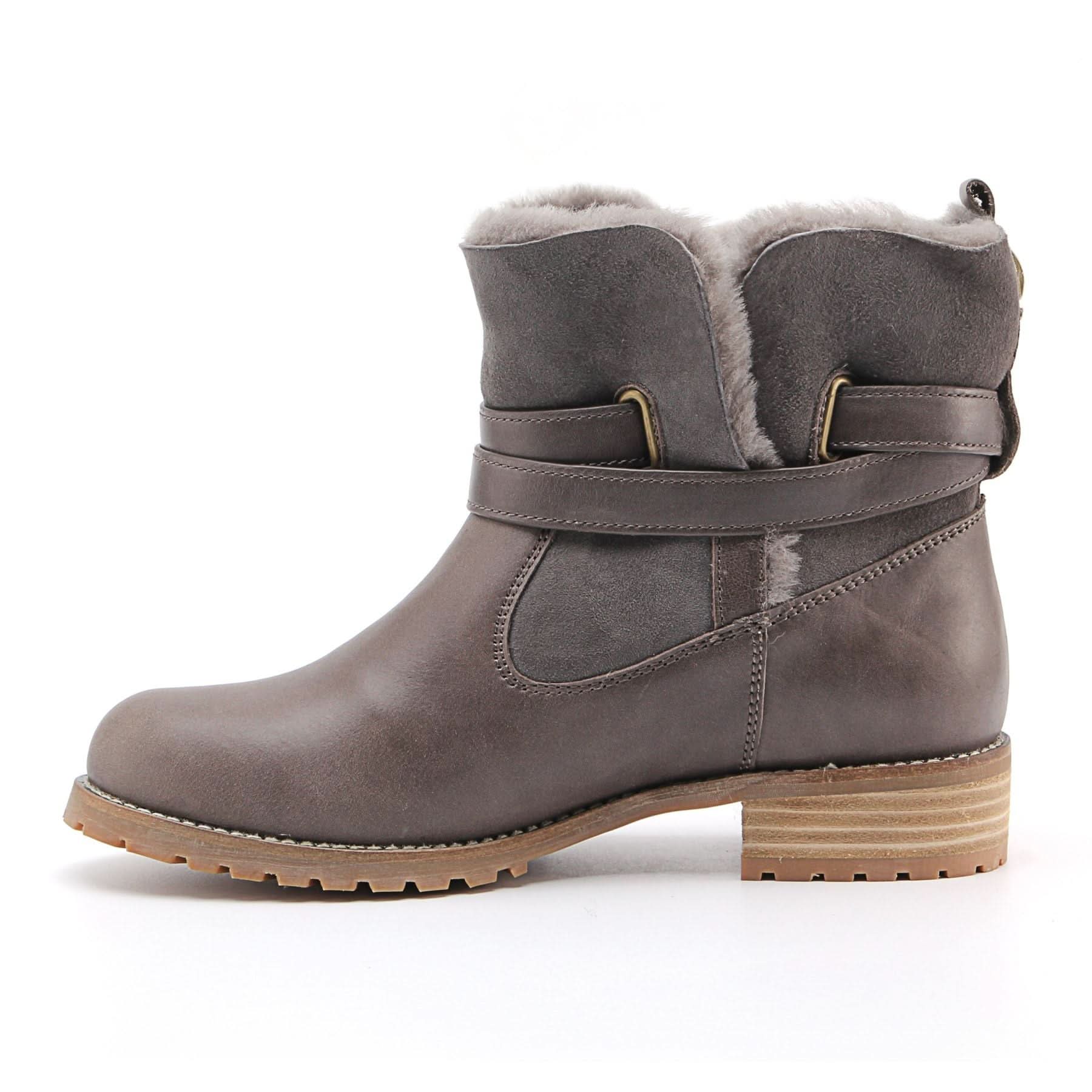 Grey sheepskin wool lined winter boot with leather strap, side view. - Yellow Earth Australia