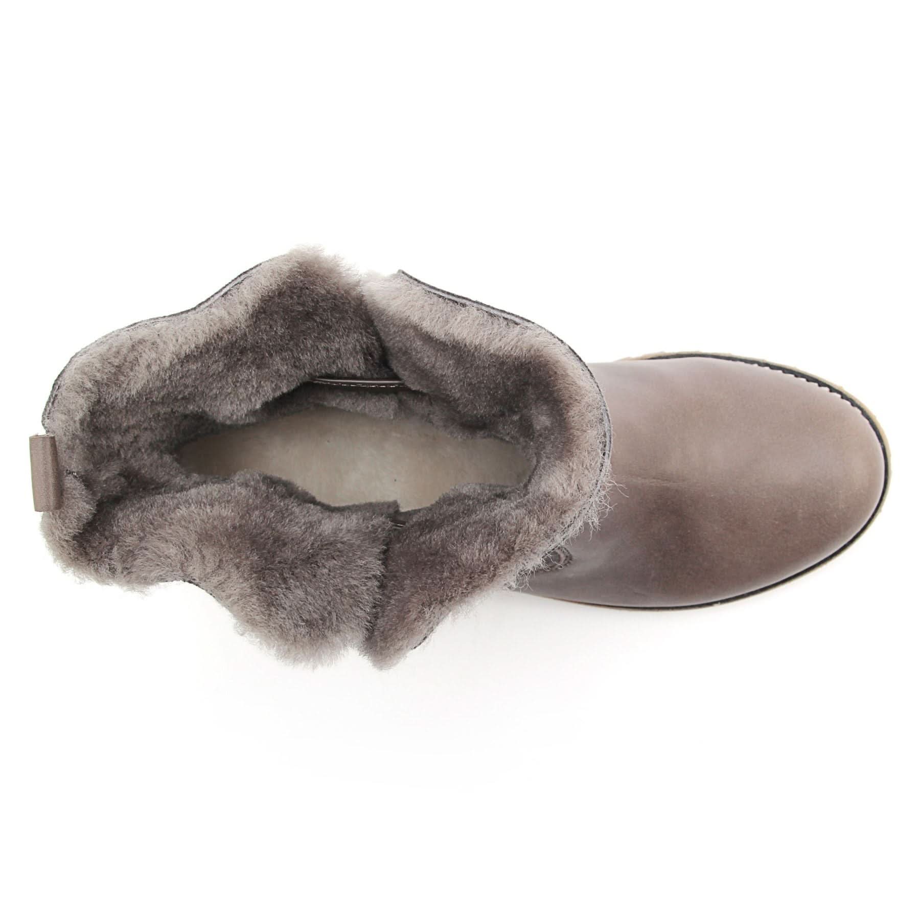 Grey suede sheepskin boot with fluffy wool lining, top-down view. - Yellow Earth Australia