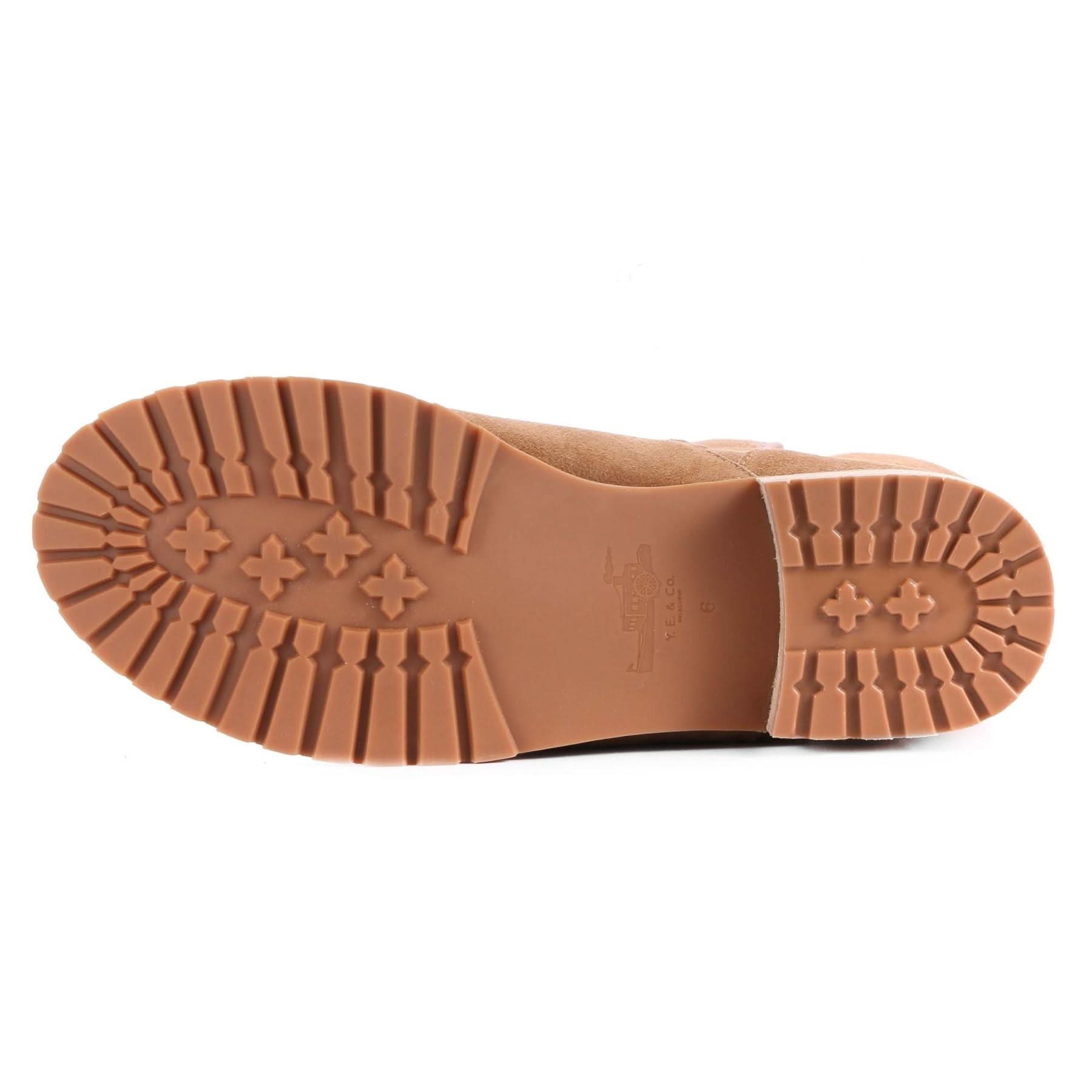 Tan suede desert boot sole with treaded rubber grip, bottom view. - Yellow Earth Australia