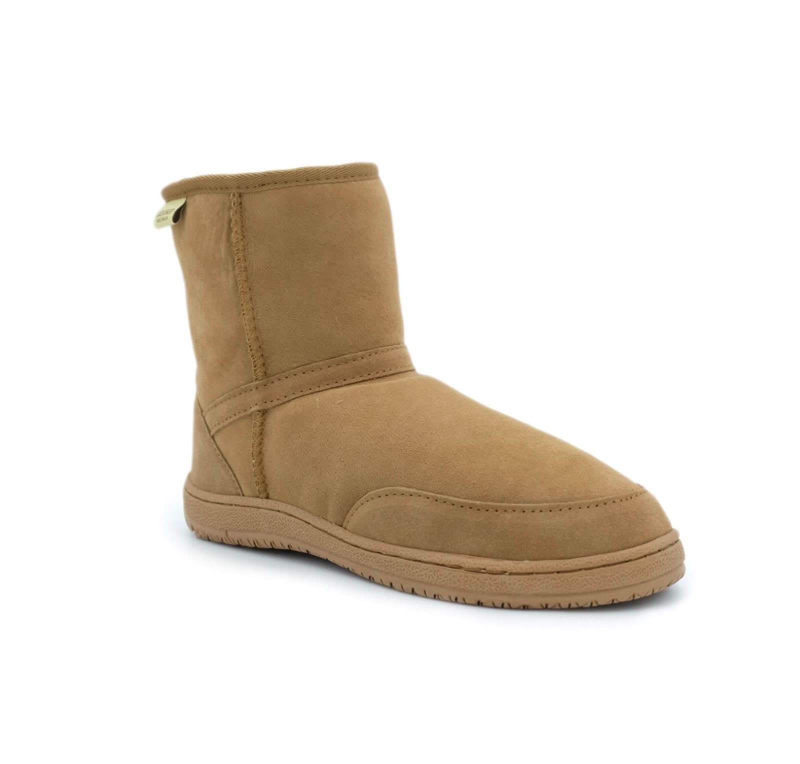 Tan sheepskin mid-calf boot with suede exterior shown from side angle. - Yellow Earth Australia