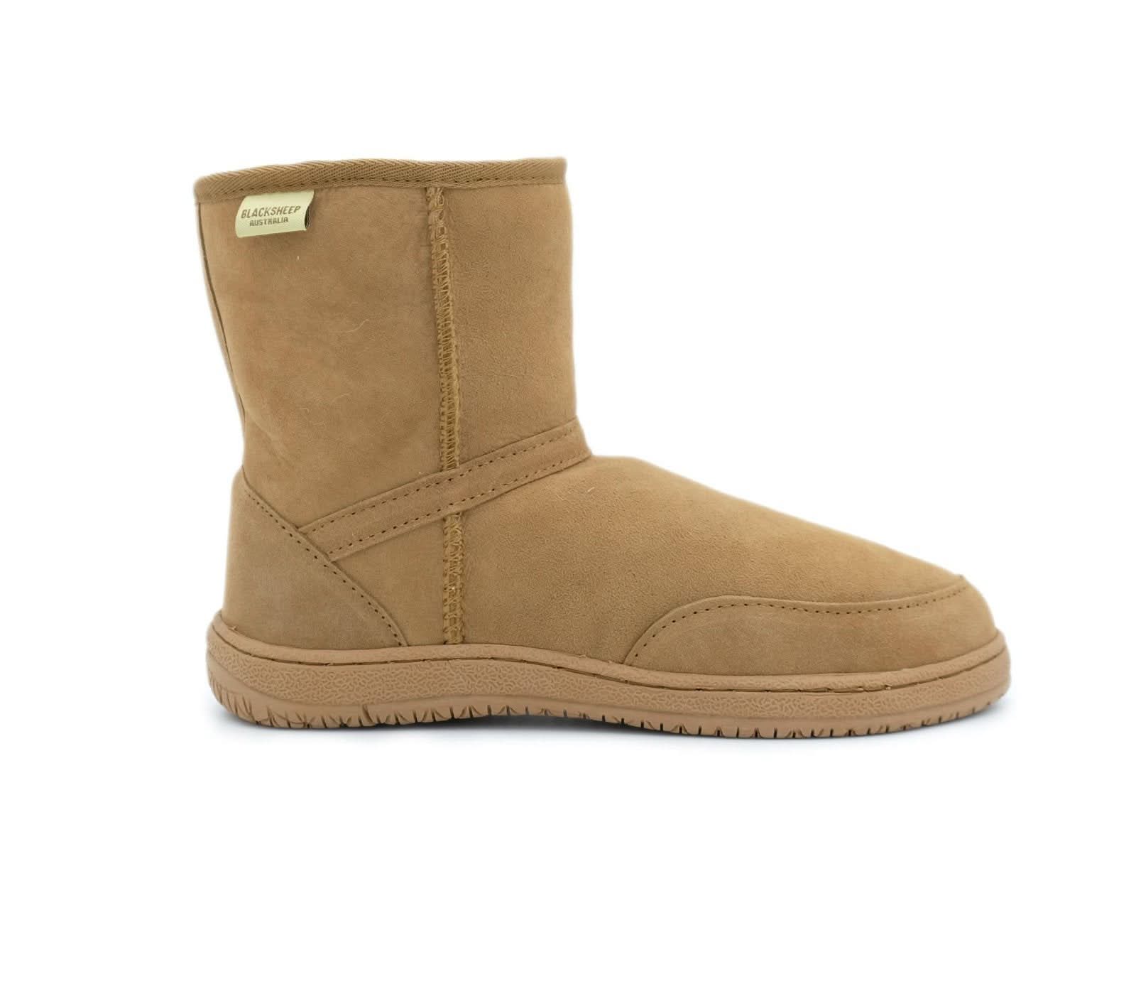 Tan sheepskin wool mid-calf boot with suede exterior, shown in side profile view. - Yellow Earth Australia