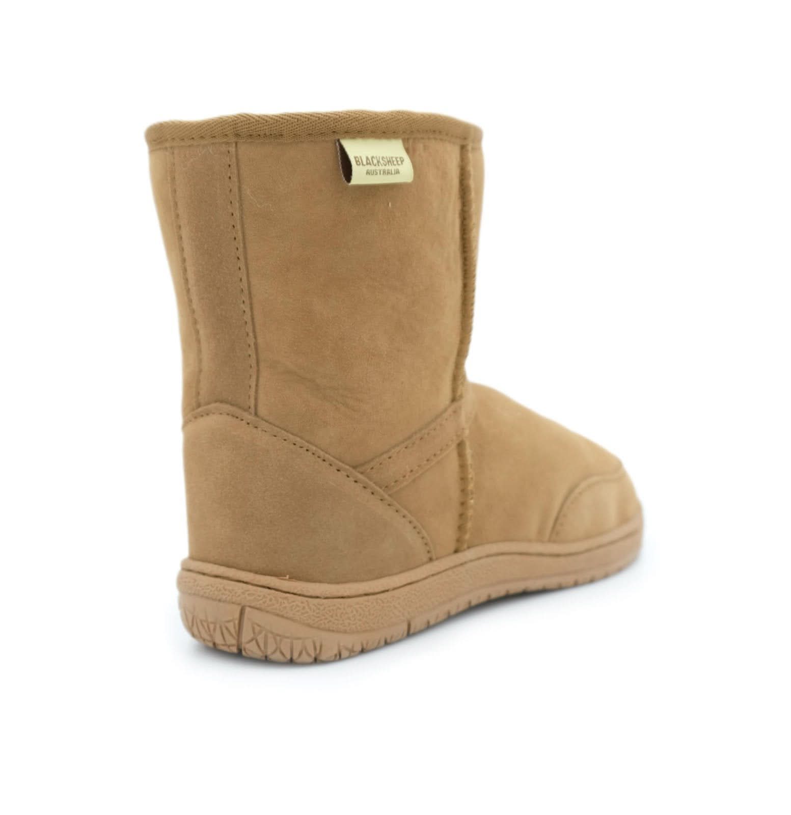Tan sheepskin boot displayed from rear angle showing suede upper and textured sole. - Yellow Earth Australia