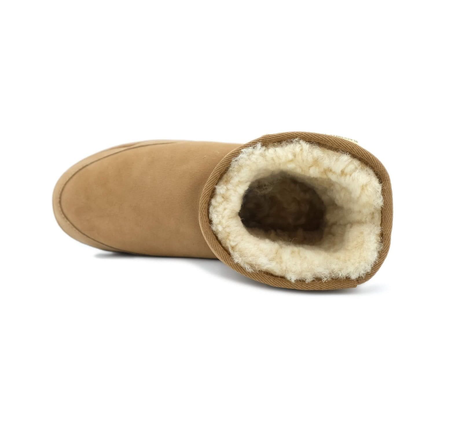 Sheepskin boot with cream wool lining and tan suede exterior, top-down view. - Yellow Earth Australia