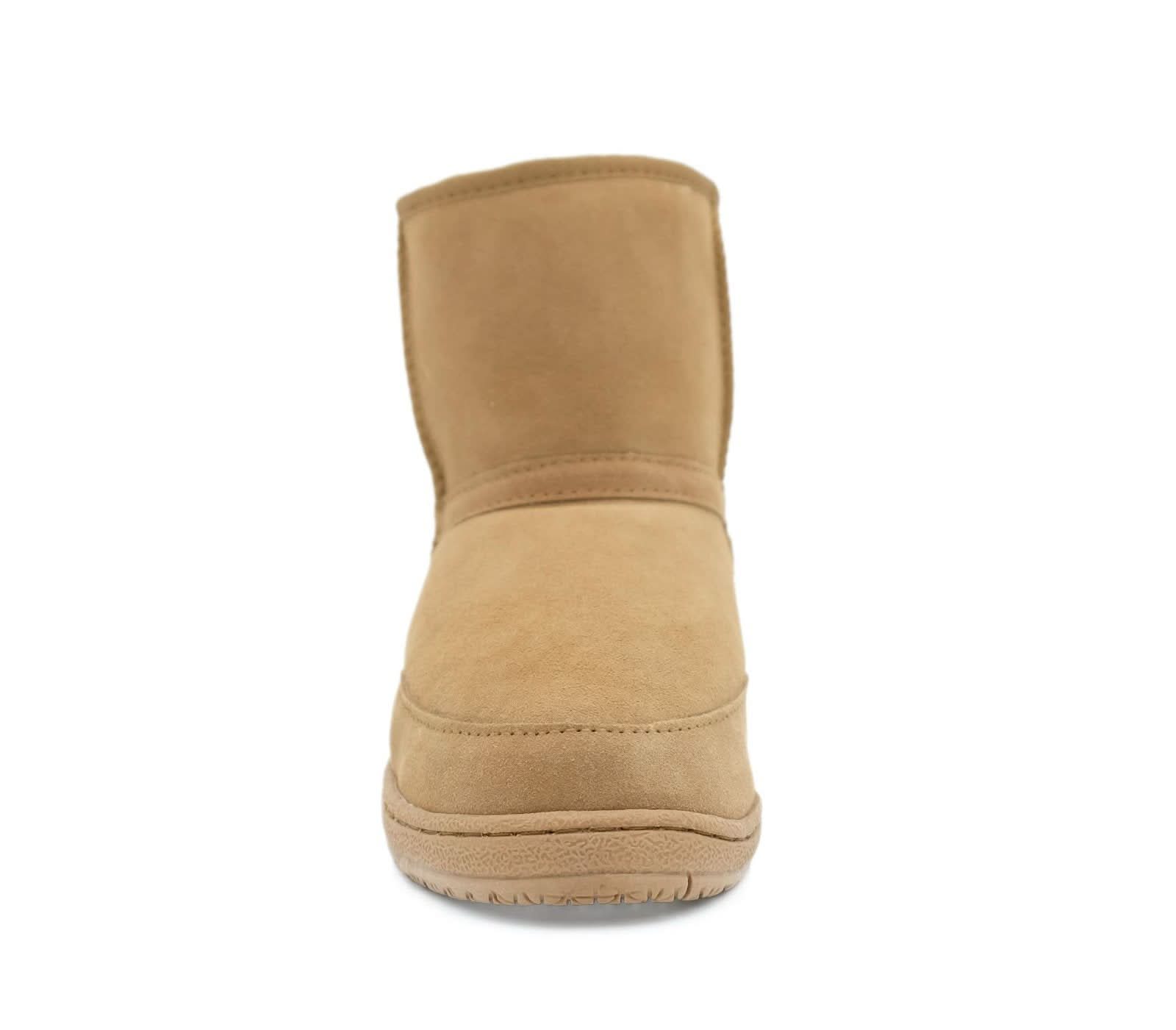 Camel suede sheepskin short boot, front view. - Yellow Earth Australia