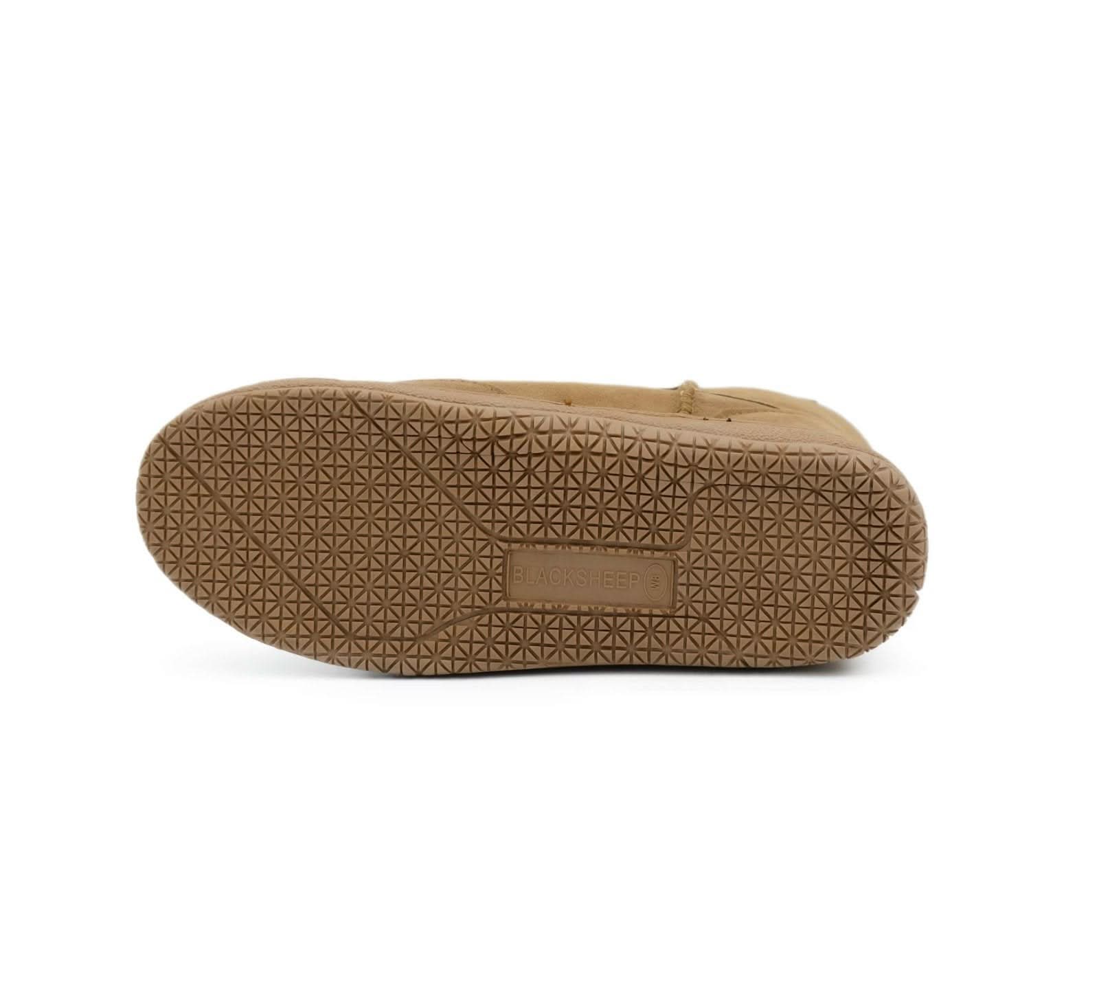 Tan sheepskin slipper sole showing textured grip pattern, bottom view. - Yellow Earth Australia