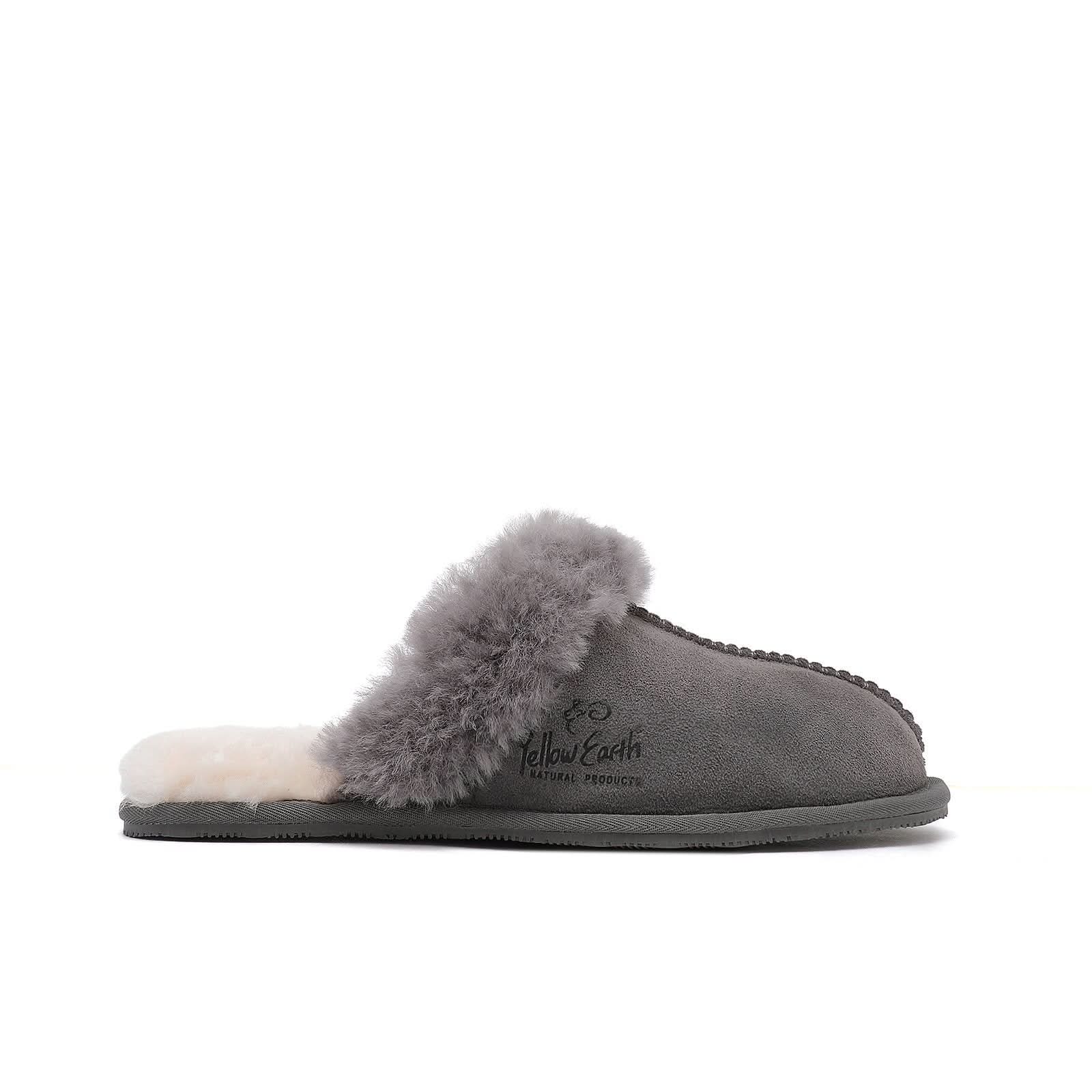 Grey suede slipper with fluffy sheepskin collar, side view. - Yellow Earth Australia