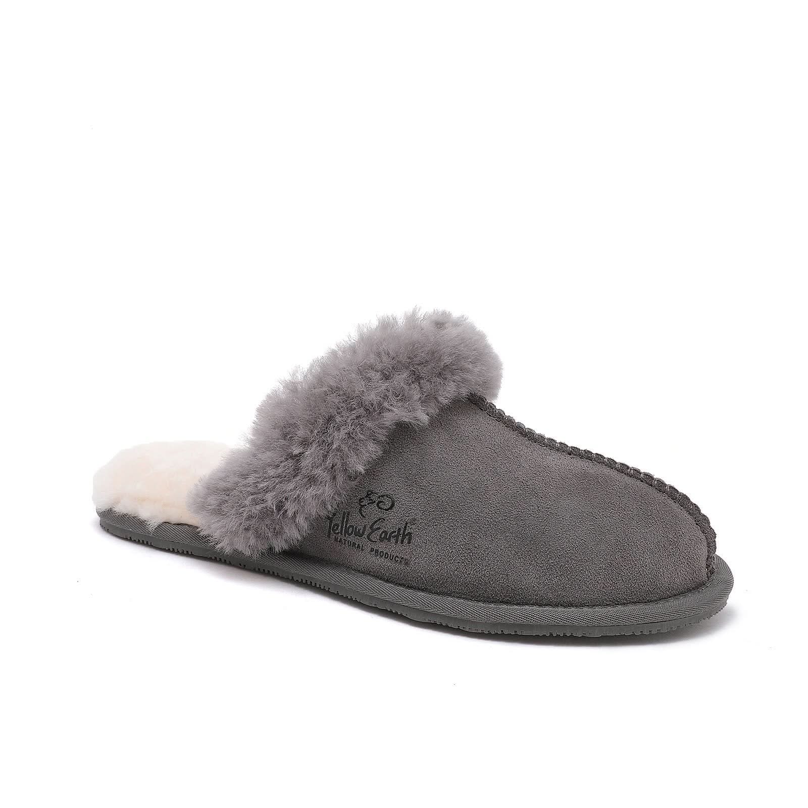 Grey sheepskin slippers with fluffy wool collar, side view on white background. - Yellow Earth Australia