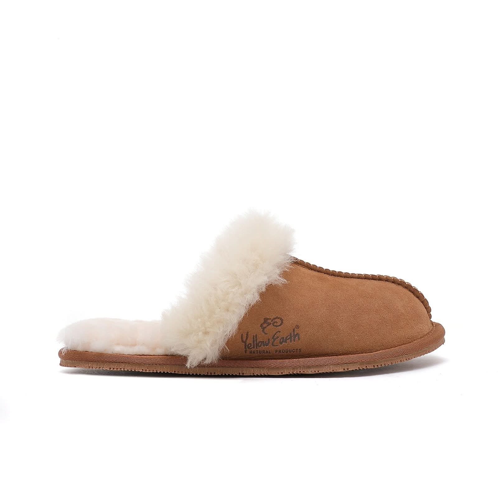Tan suede slipper with cream sheepskin lining, side view on white background. - Yellow Earth Australia