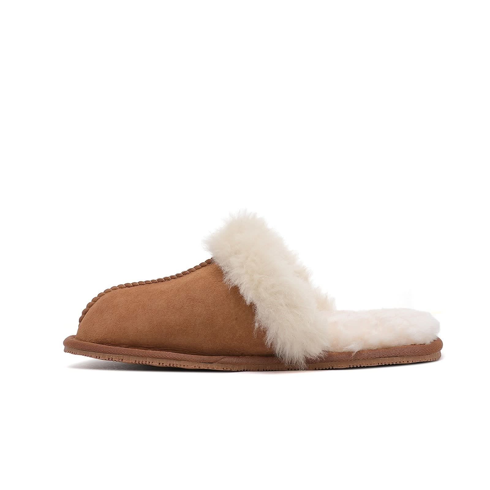 Tan sheepskin slipper with white wool lining, side view on white background. - Yellow Earth Australia