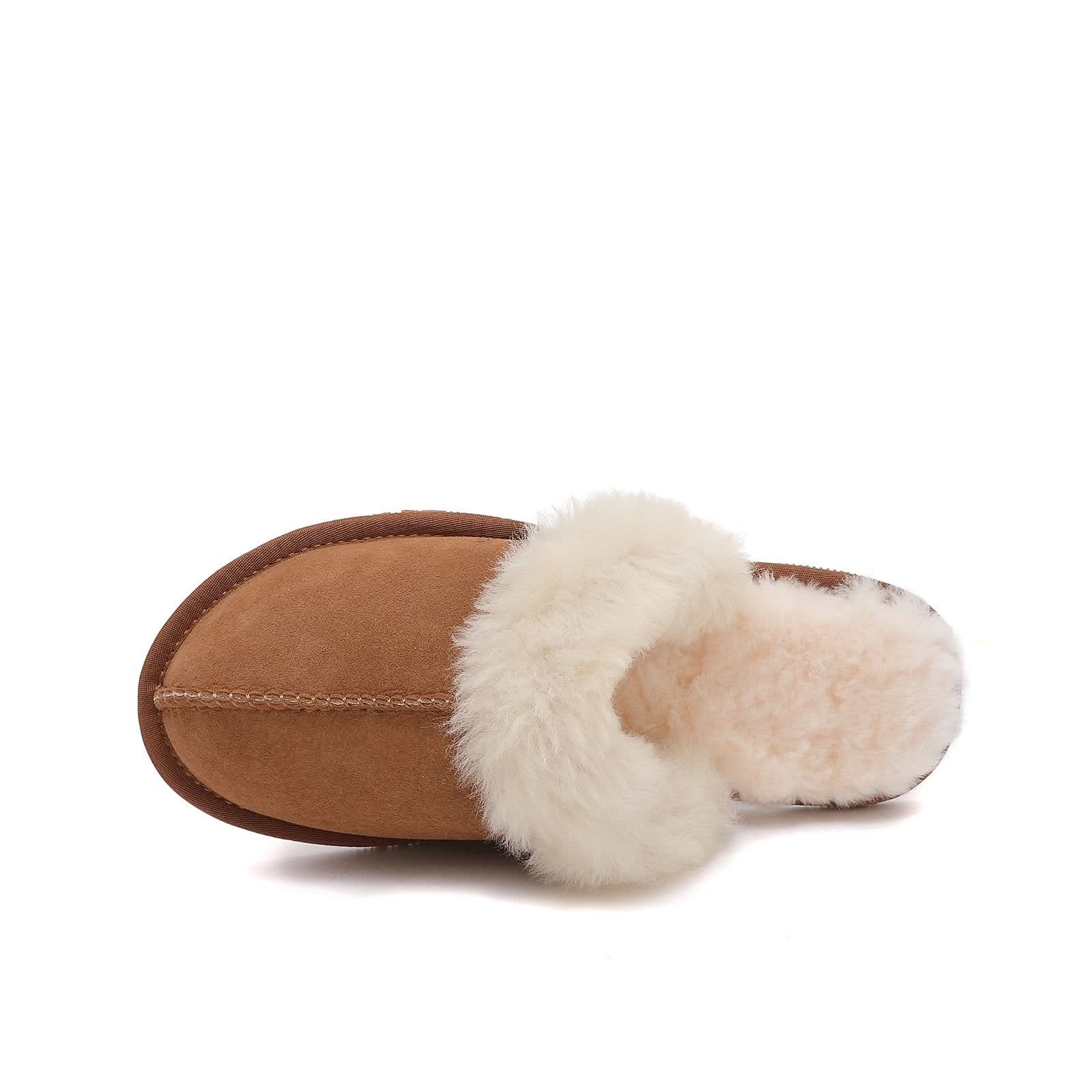 Tan sheepskin slipper with cream wool lining, angled side view. - Yellow Earth Australia