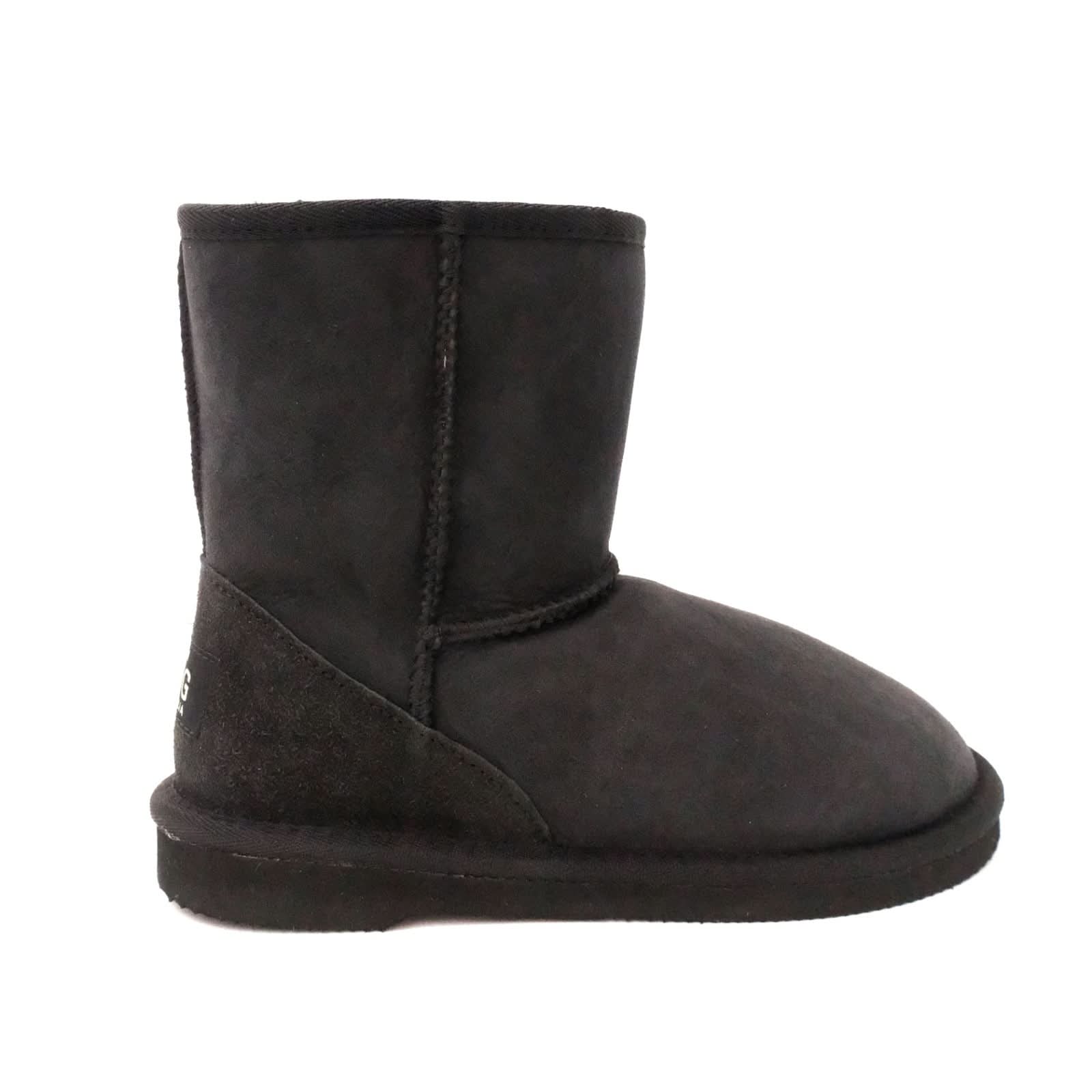 Black sheepskin short boot with fleece lining shown from the side angle. - Yellow Earth Australia