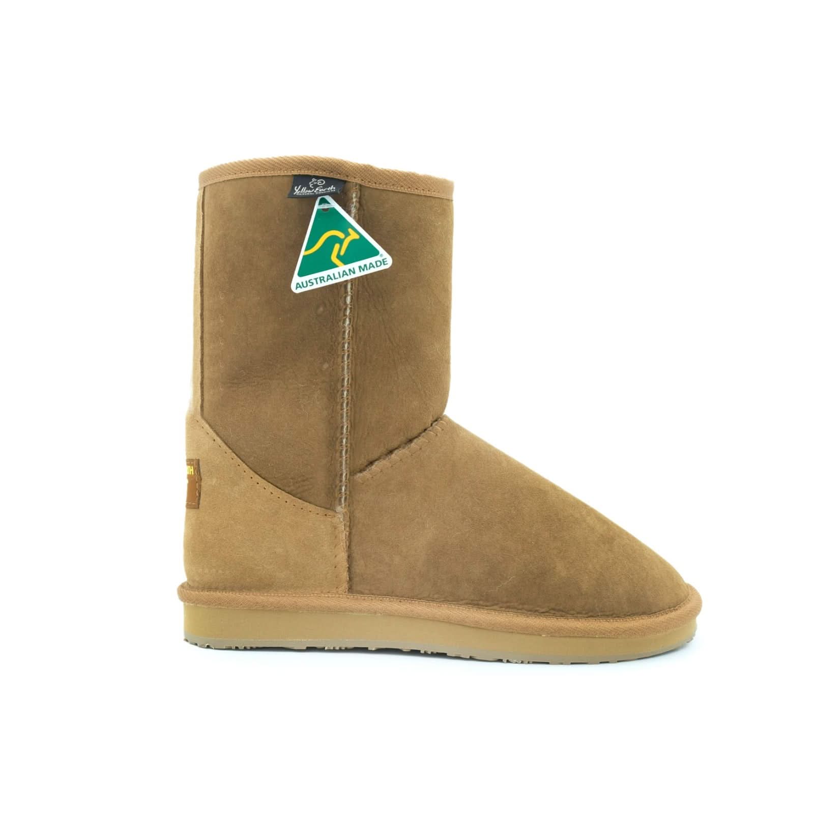 Tan sheepskin wool boot with crepe sole, side view with Australian made tag. - Yellow Earth Australia