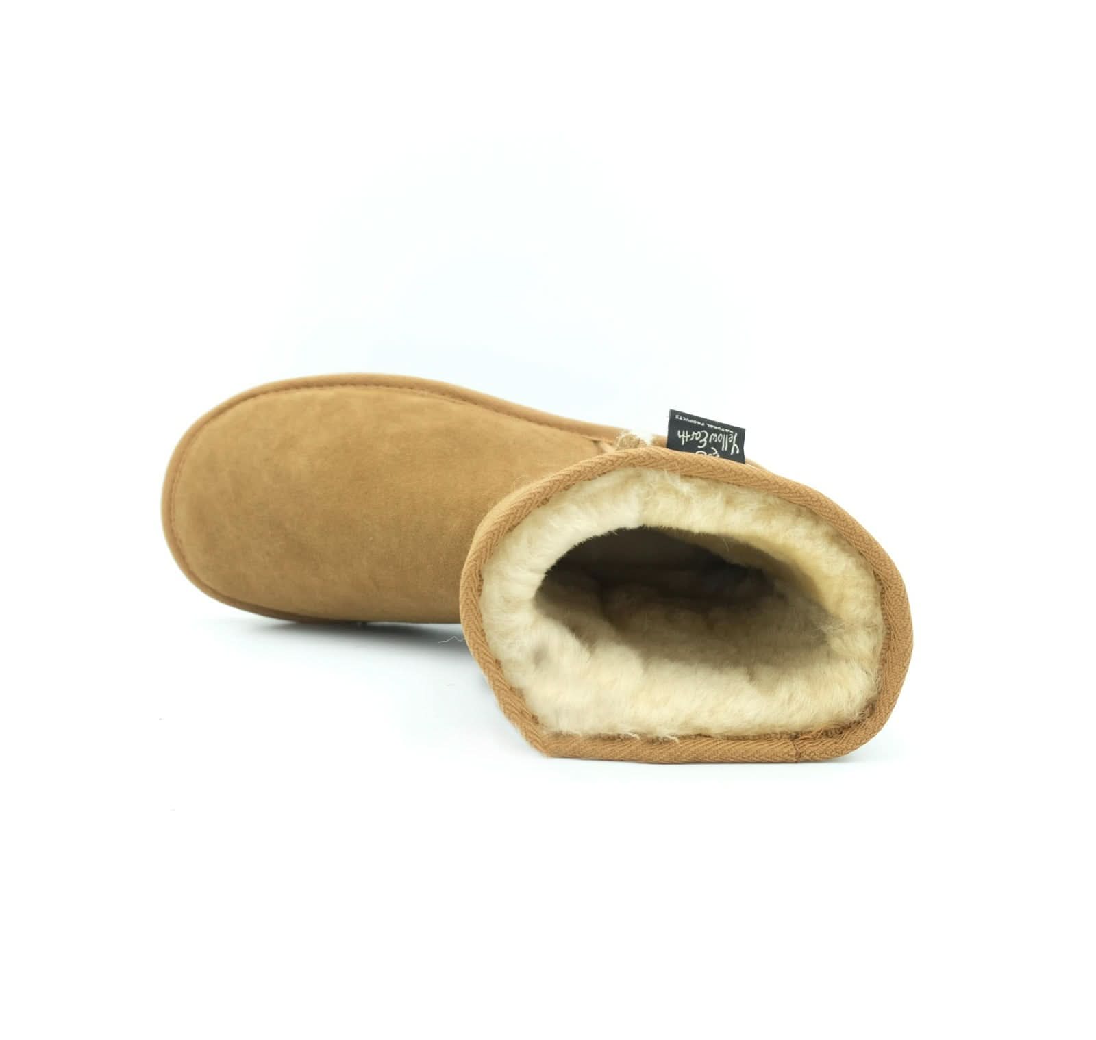 Tan sheepskin boot with cream wool lining, side view showing interior. - Yellow Earth Australia