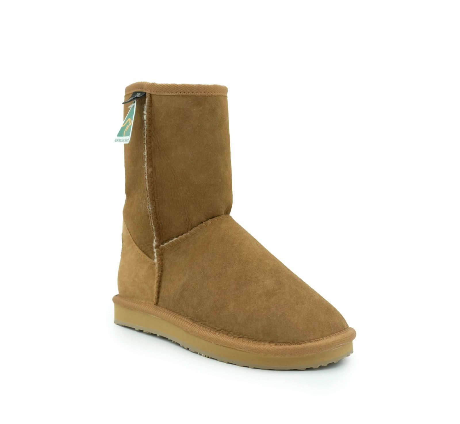Tan suede sheepskin mid-calf boot with wool lining, side view. - Yellow Earth Australia