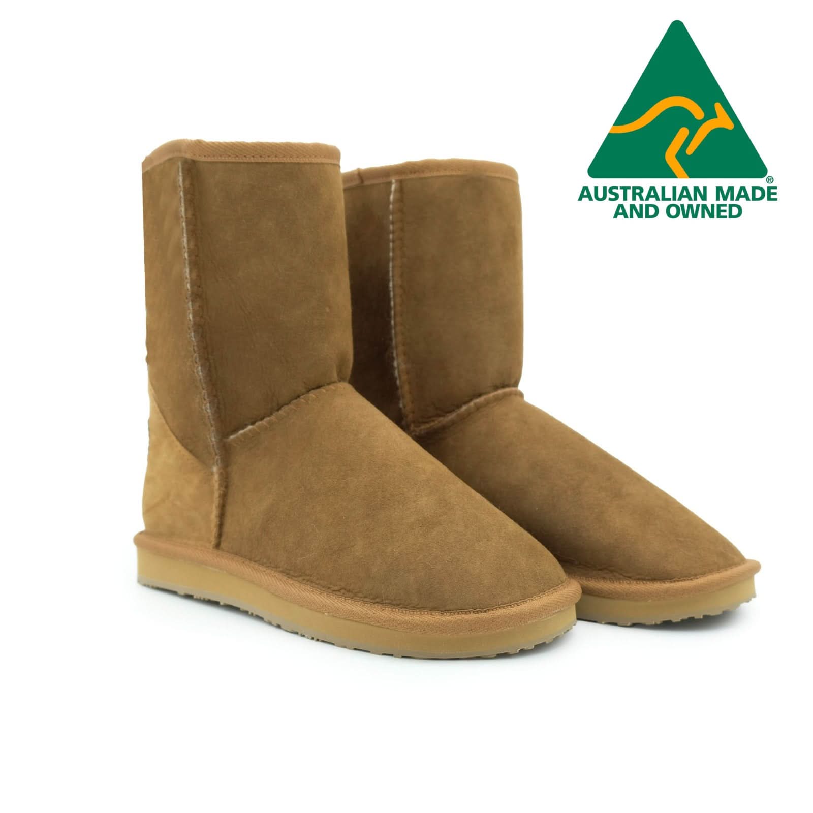 Tan sheepskin boots with wool lining, front three-quarter view. - Yellow Earth Australia