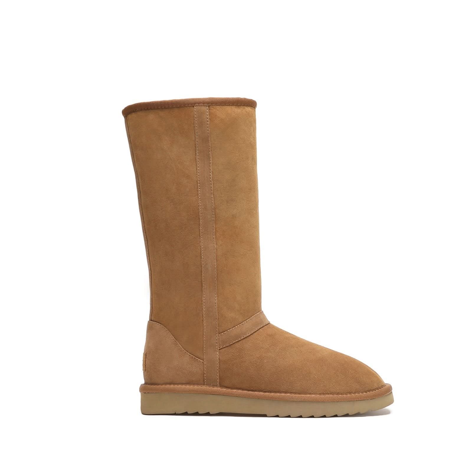 Tall tan suede sheepskin boot with crepe sole, side view. - Yellow Earth Australia