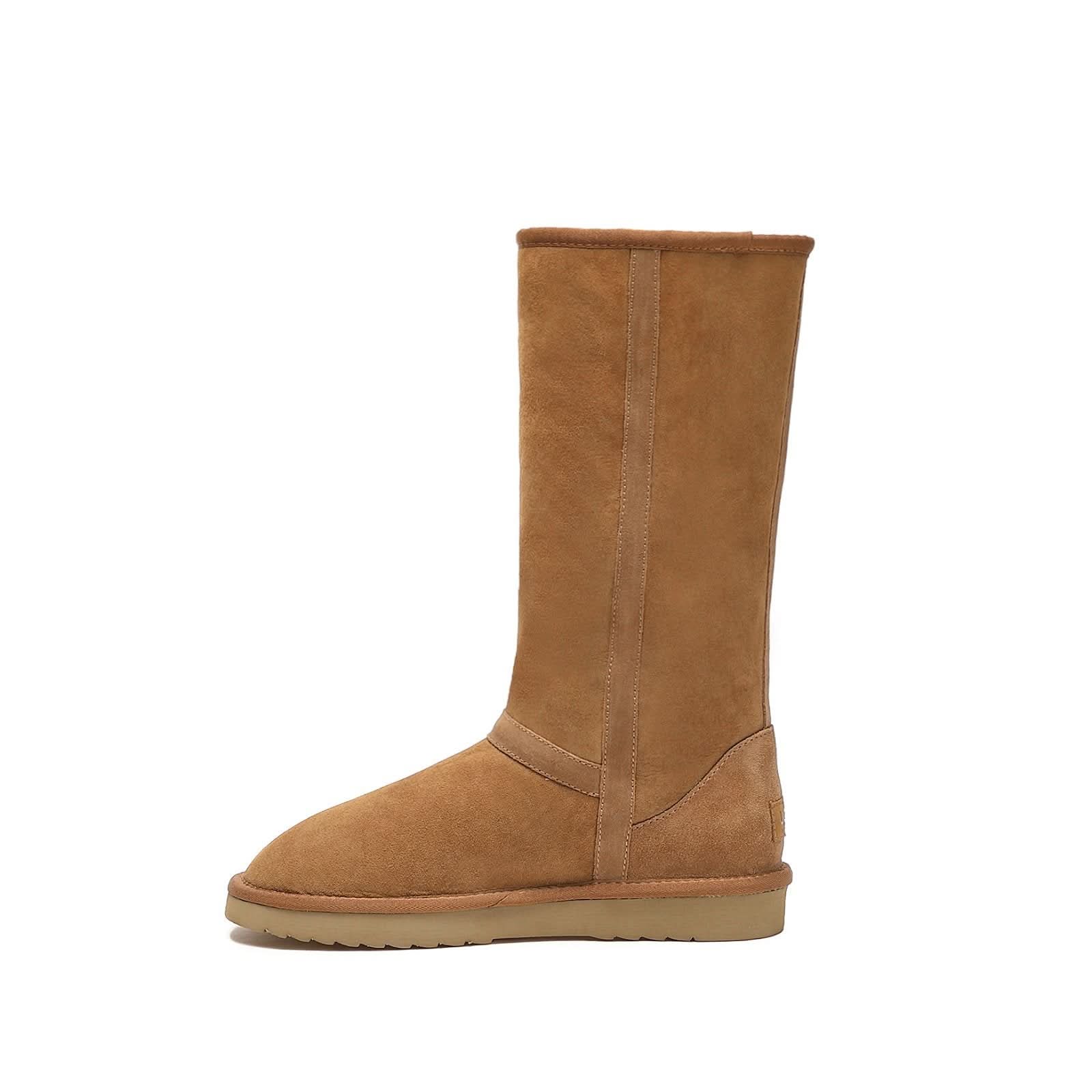 Tan suede sheepskin mid-calf boot with wool lining, side view. - Yellow Earth Australia